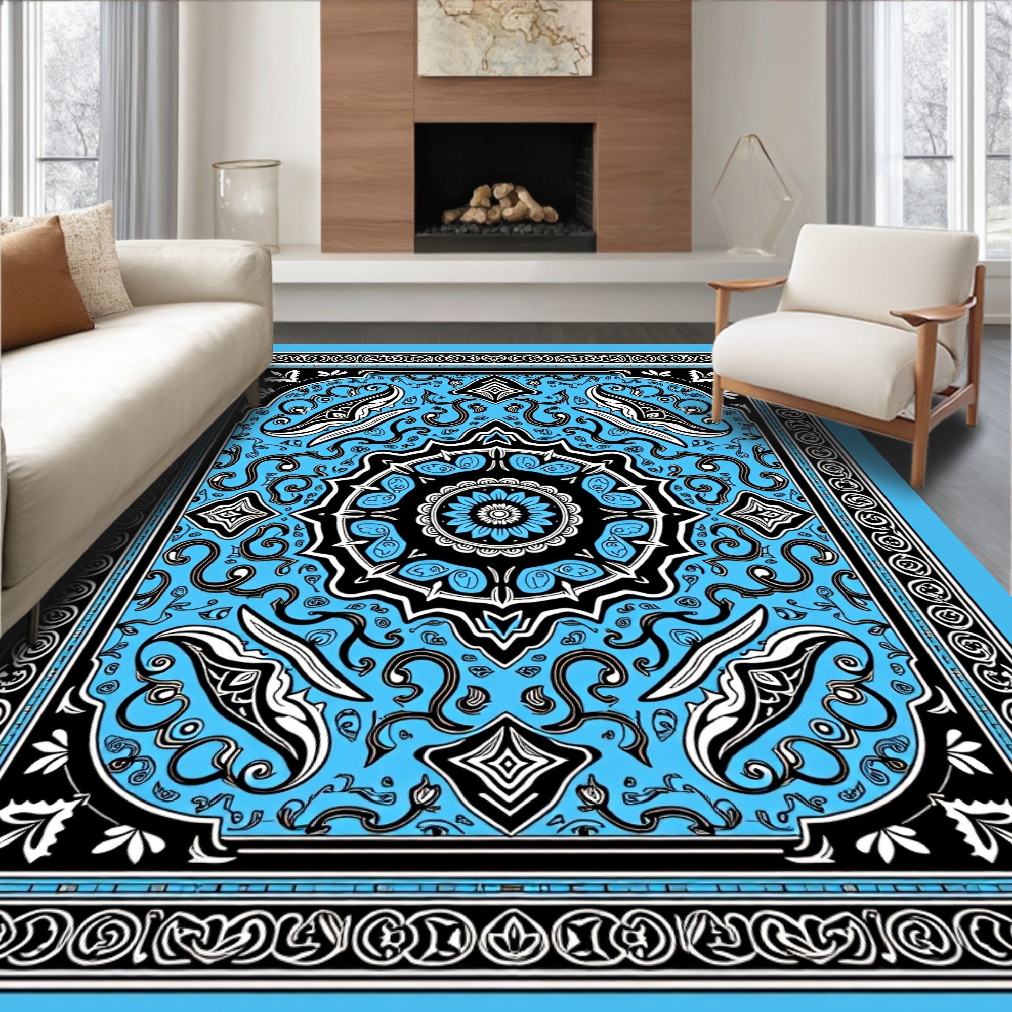 Elaborate Blue Black Floral Medallion Pattern Rug