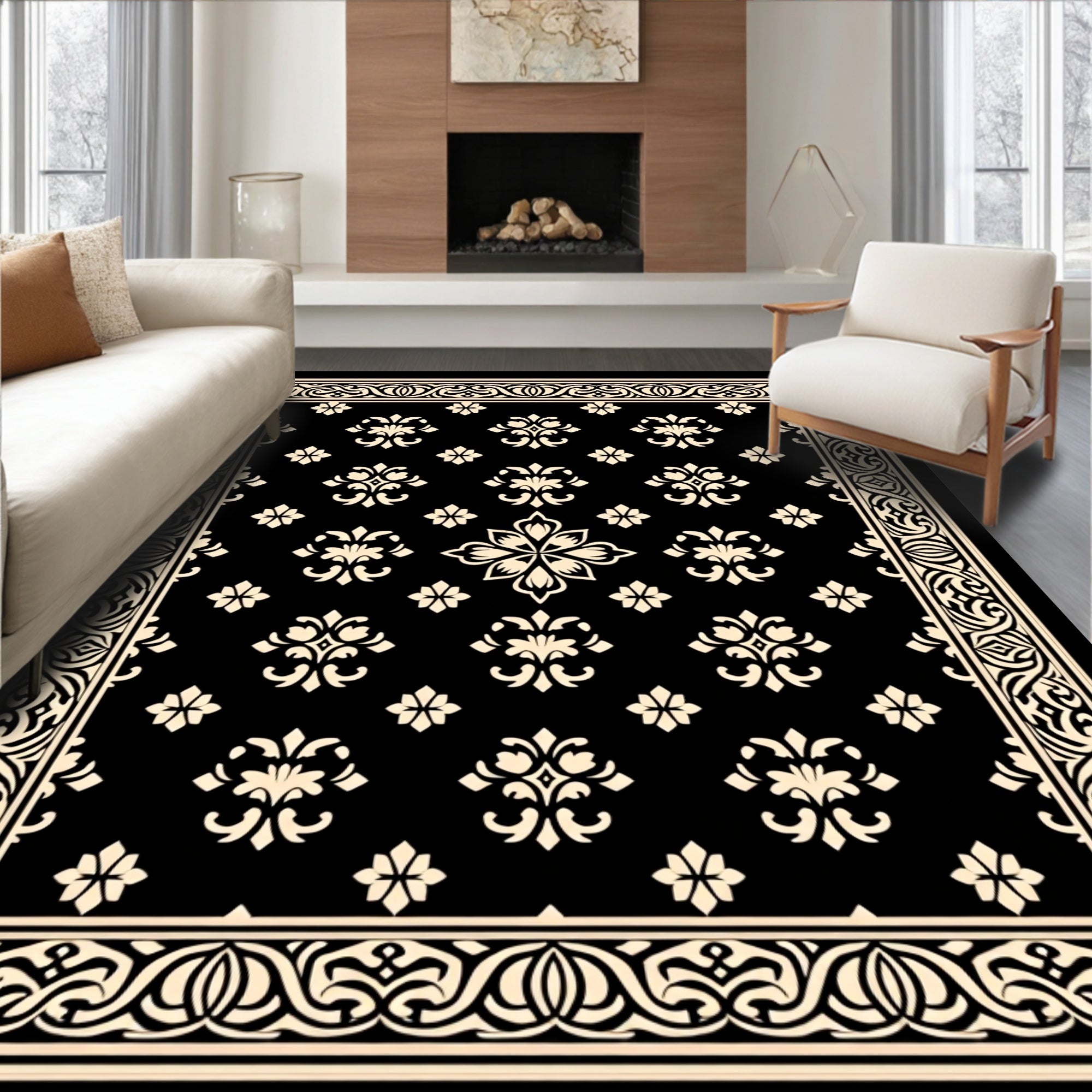 Black and Cream Floral Medallion Border Rug