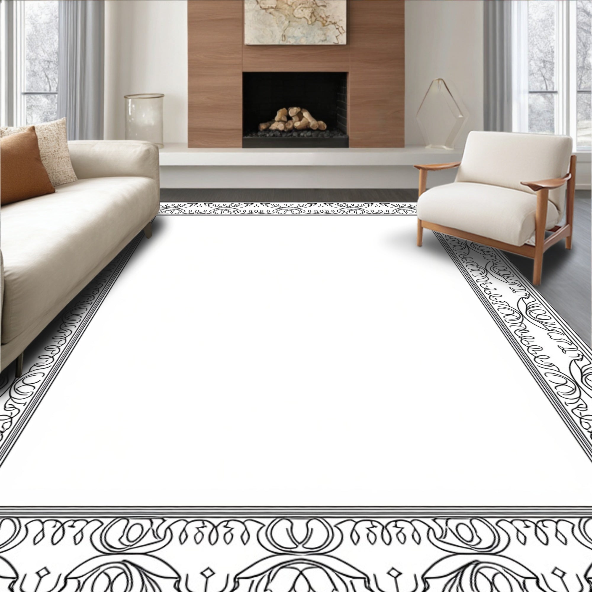 Classic Black Scrollwork Decorative Frame Rug