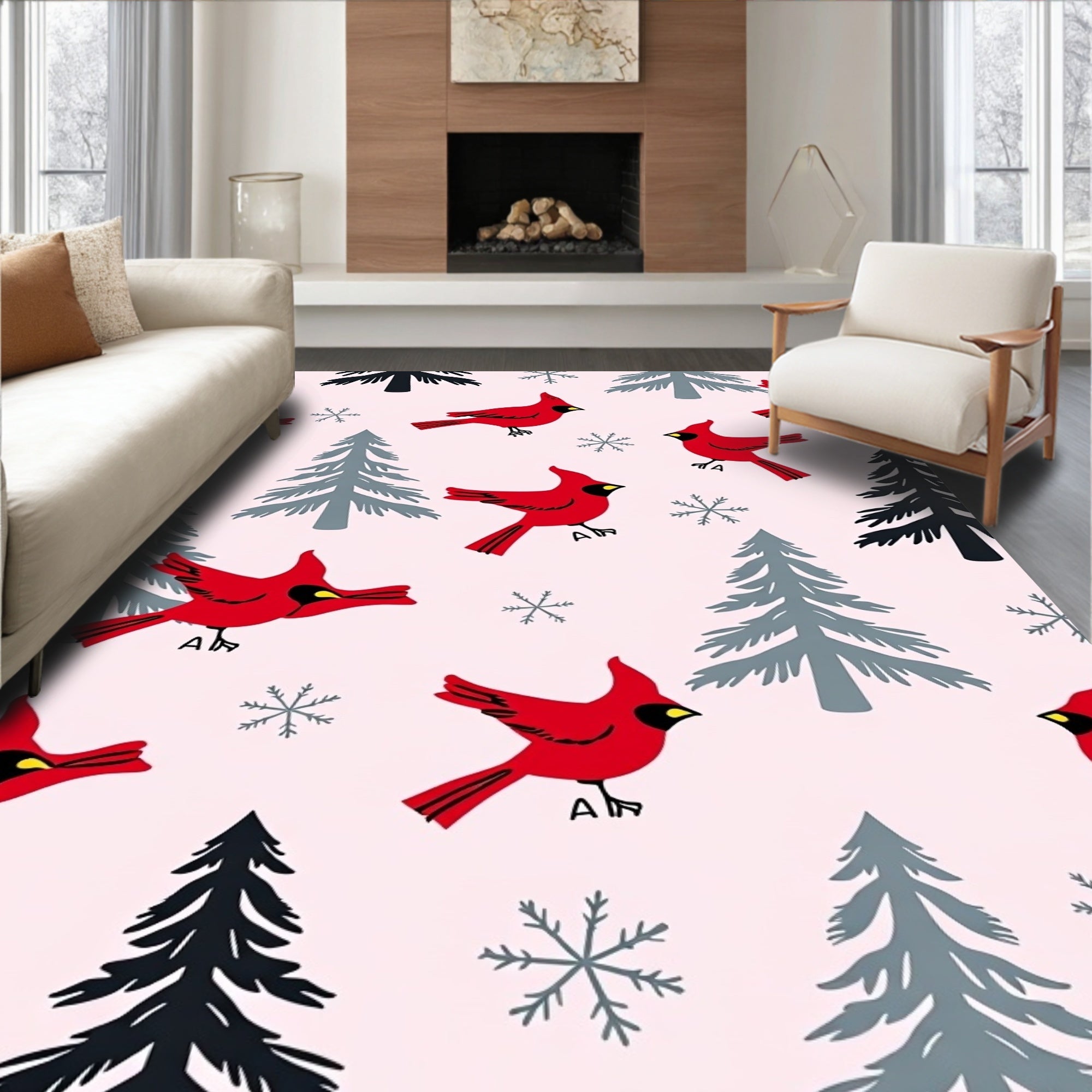 Crimson Cardinals Winter Wood Scene Rug
