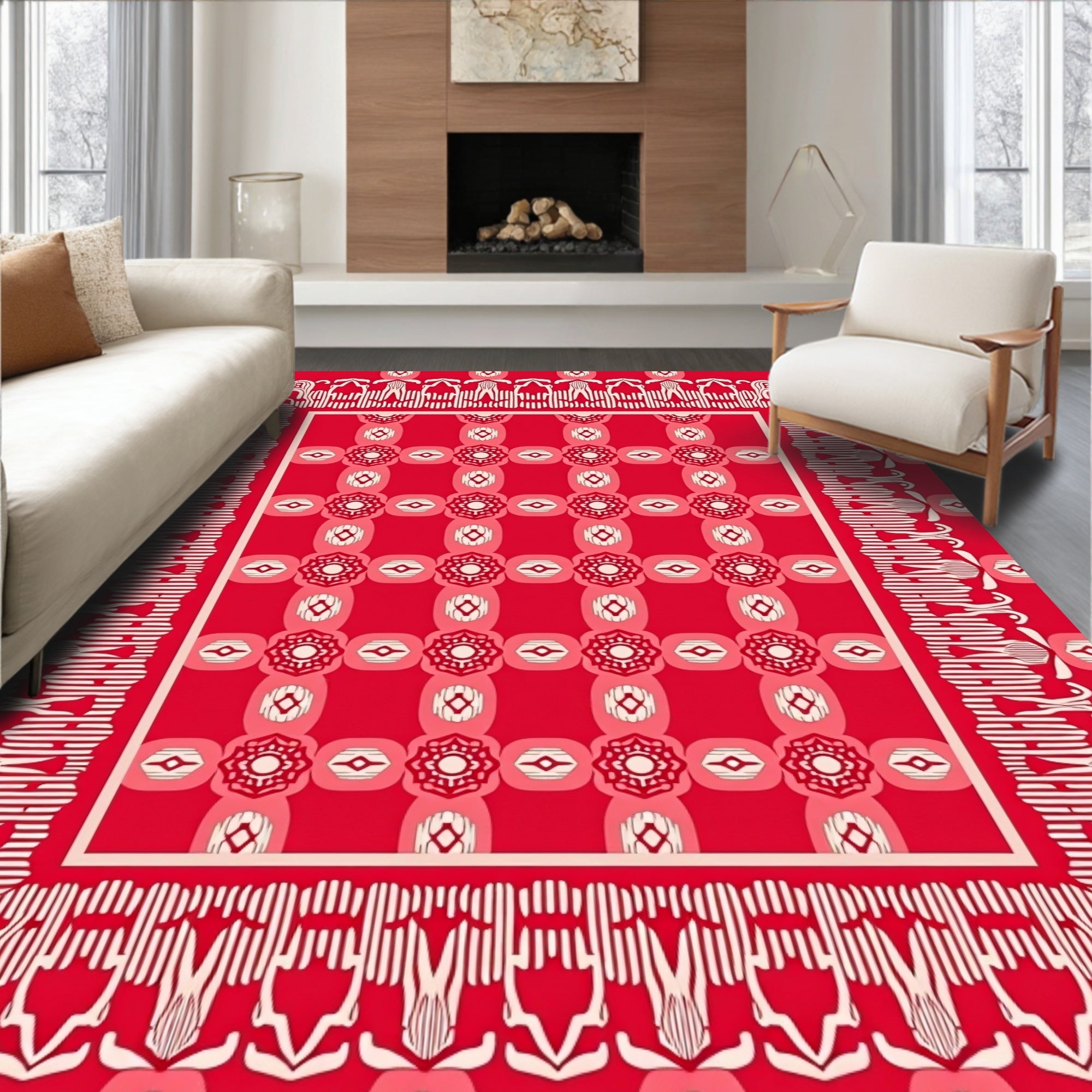 Red Geometric Floral Patterned Rug
