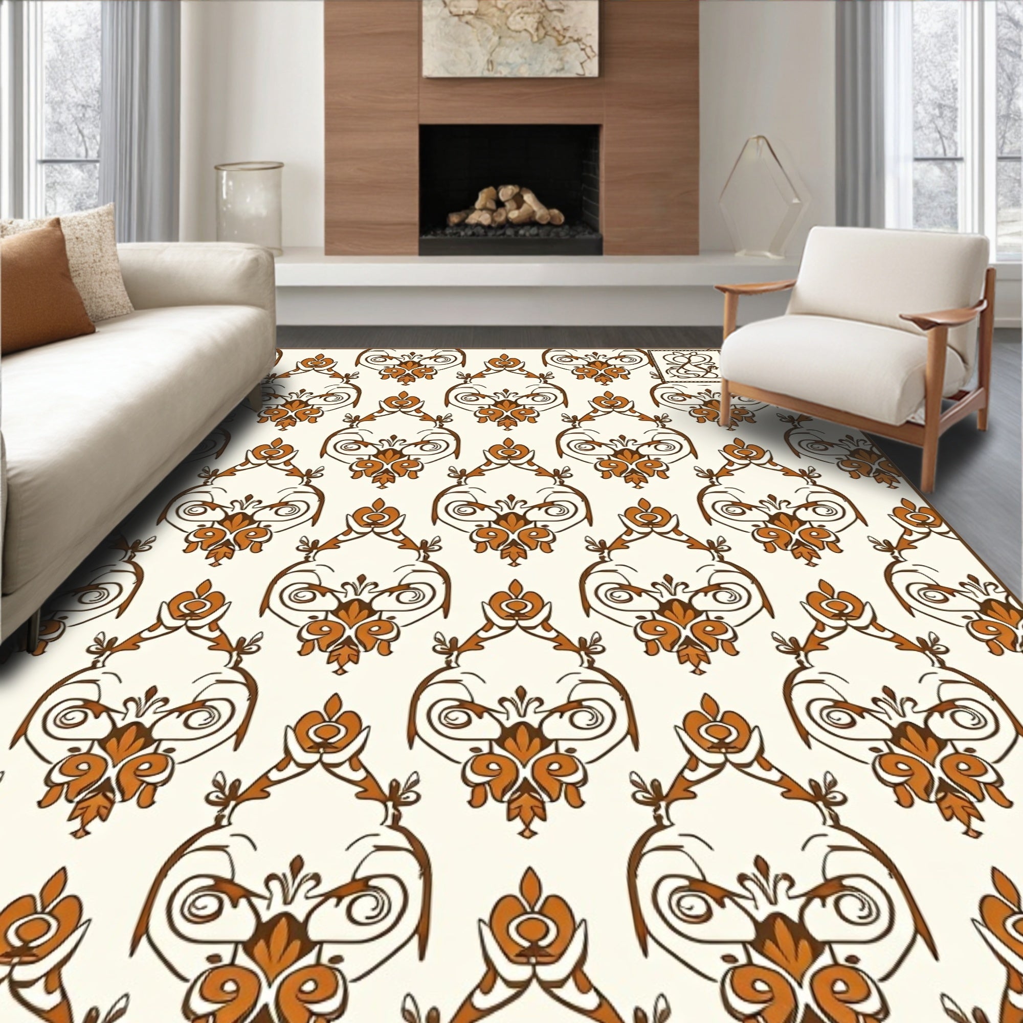 Ornate Brown Floral Damask Pattern Rug
