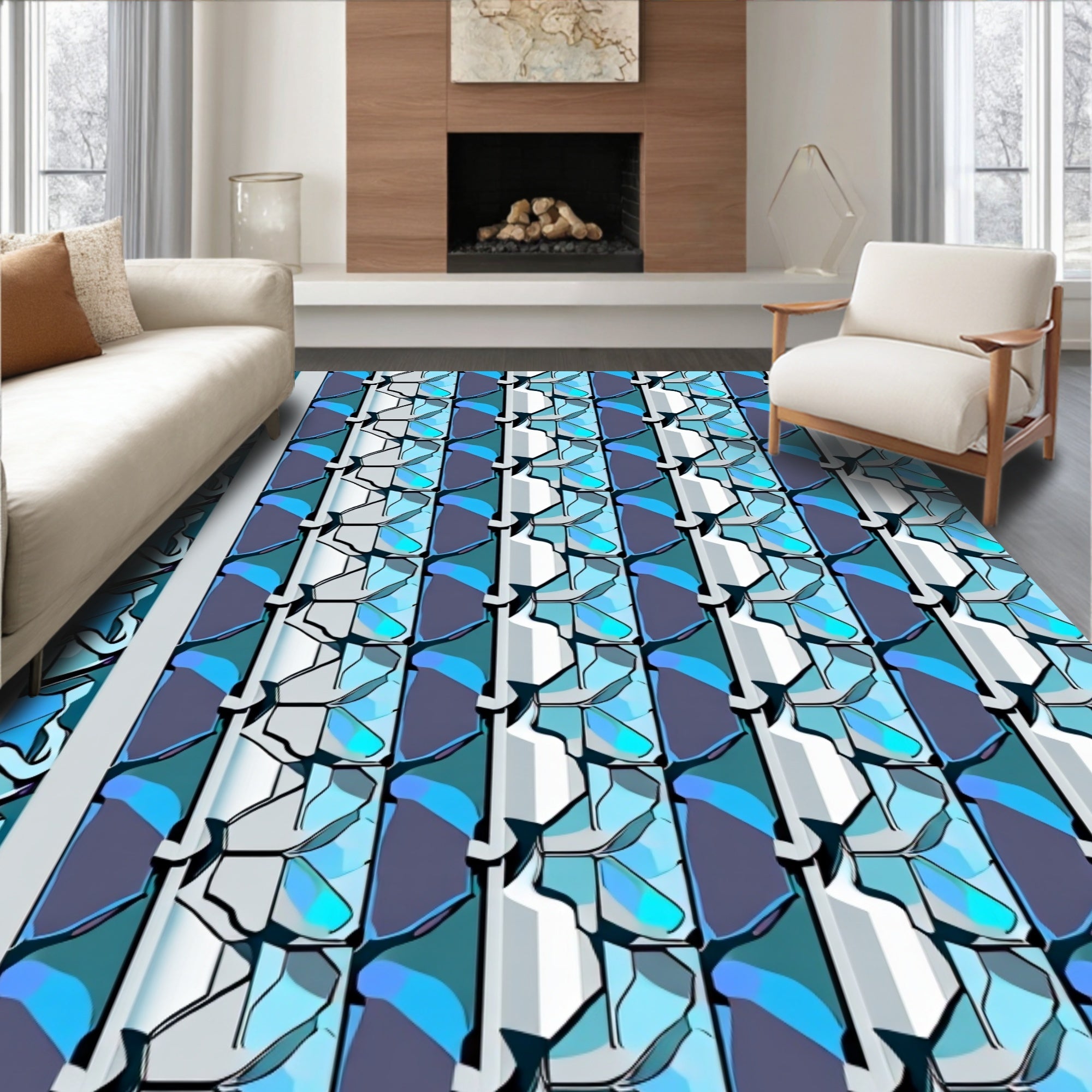 Cool Blue Geometric Abstract Pattern Rug