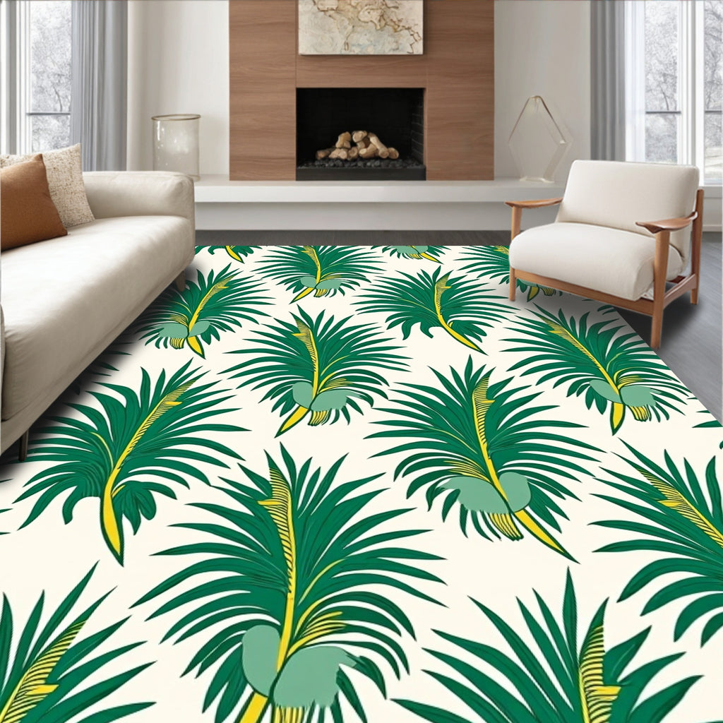 Tropical Leaf Patterned Green Yellow Rug