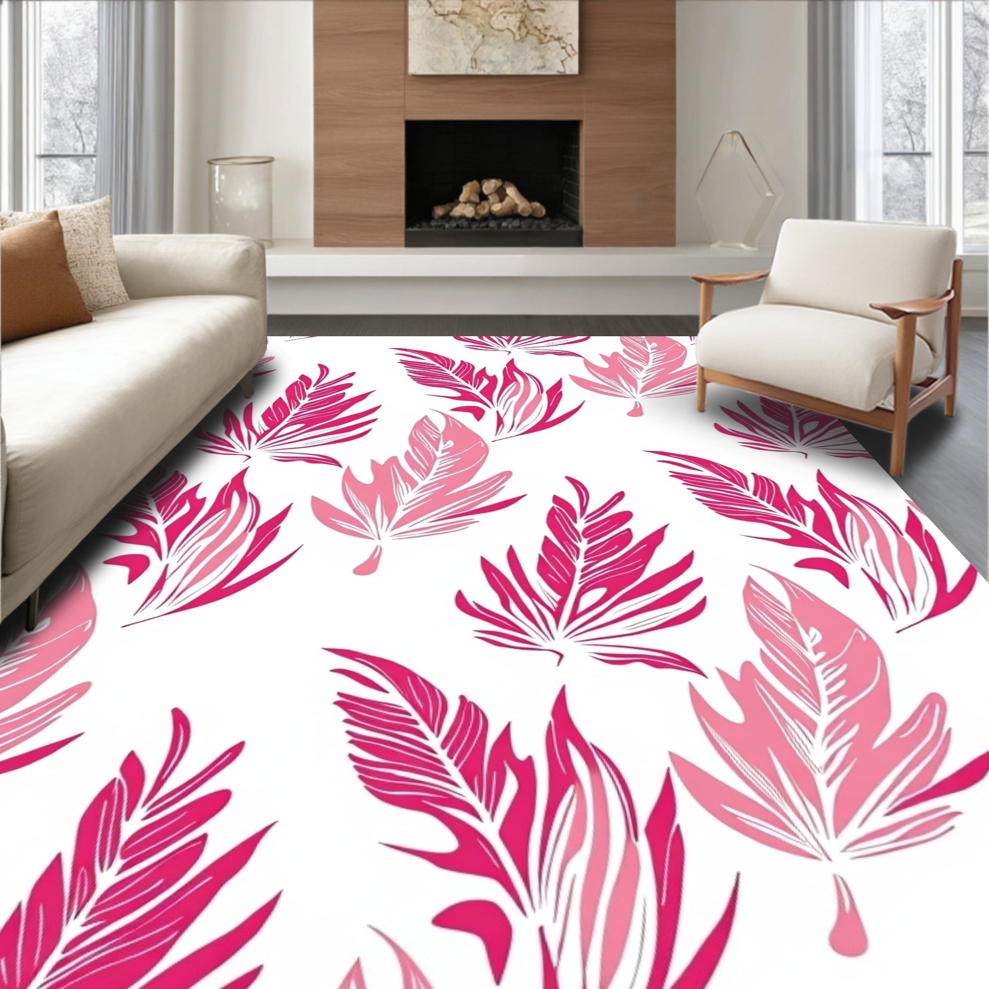 Bold Pink Feather Pattern Design Rug