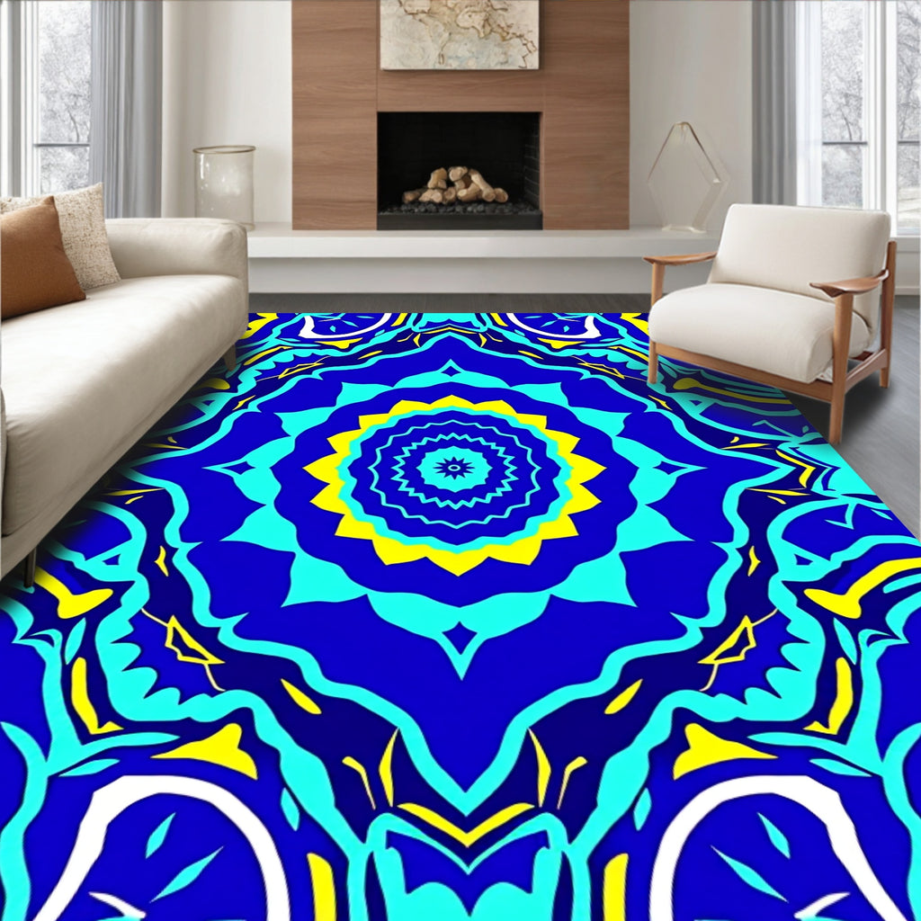 Vibrant Blue Yellow Teal Mandala Design Rug