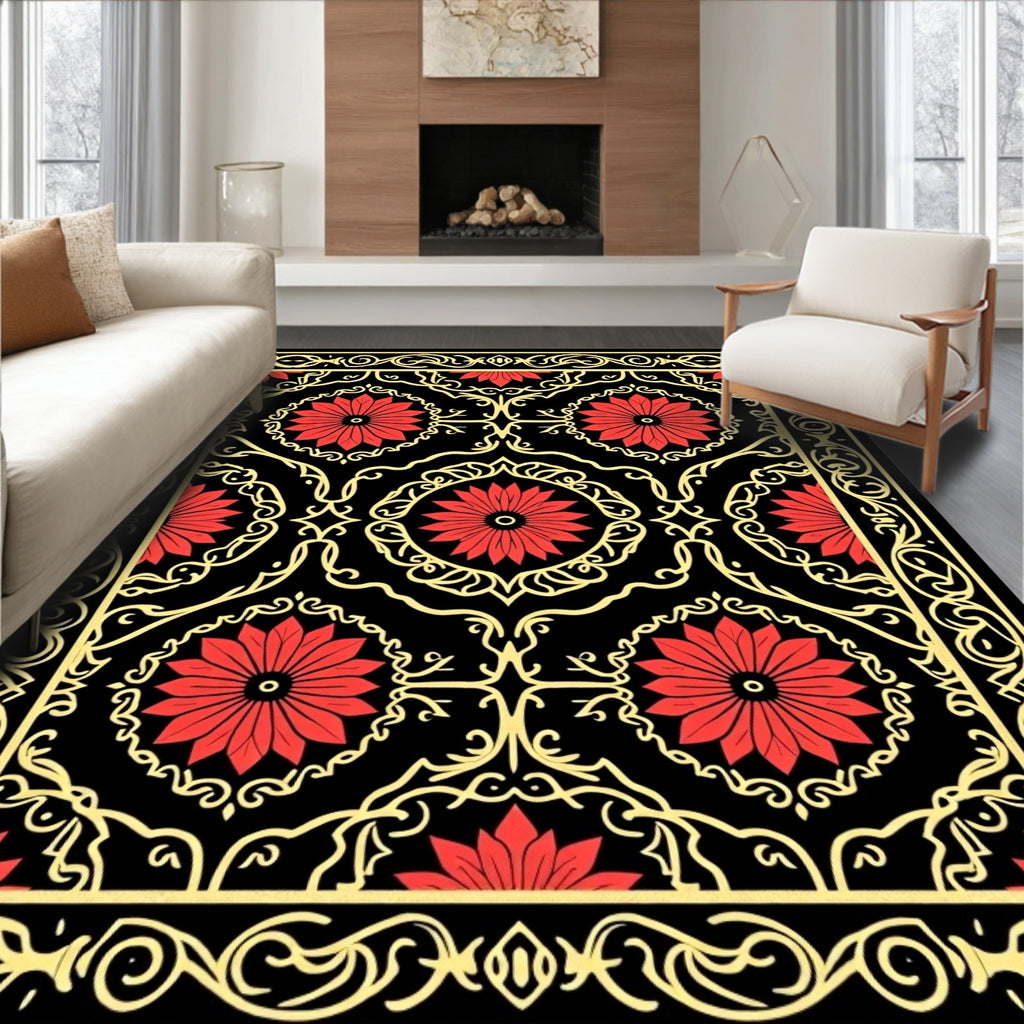 Crimson Floral Medallion Vintage Border Rug