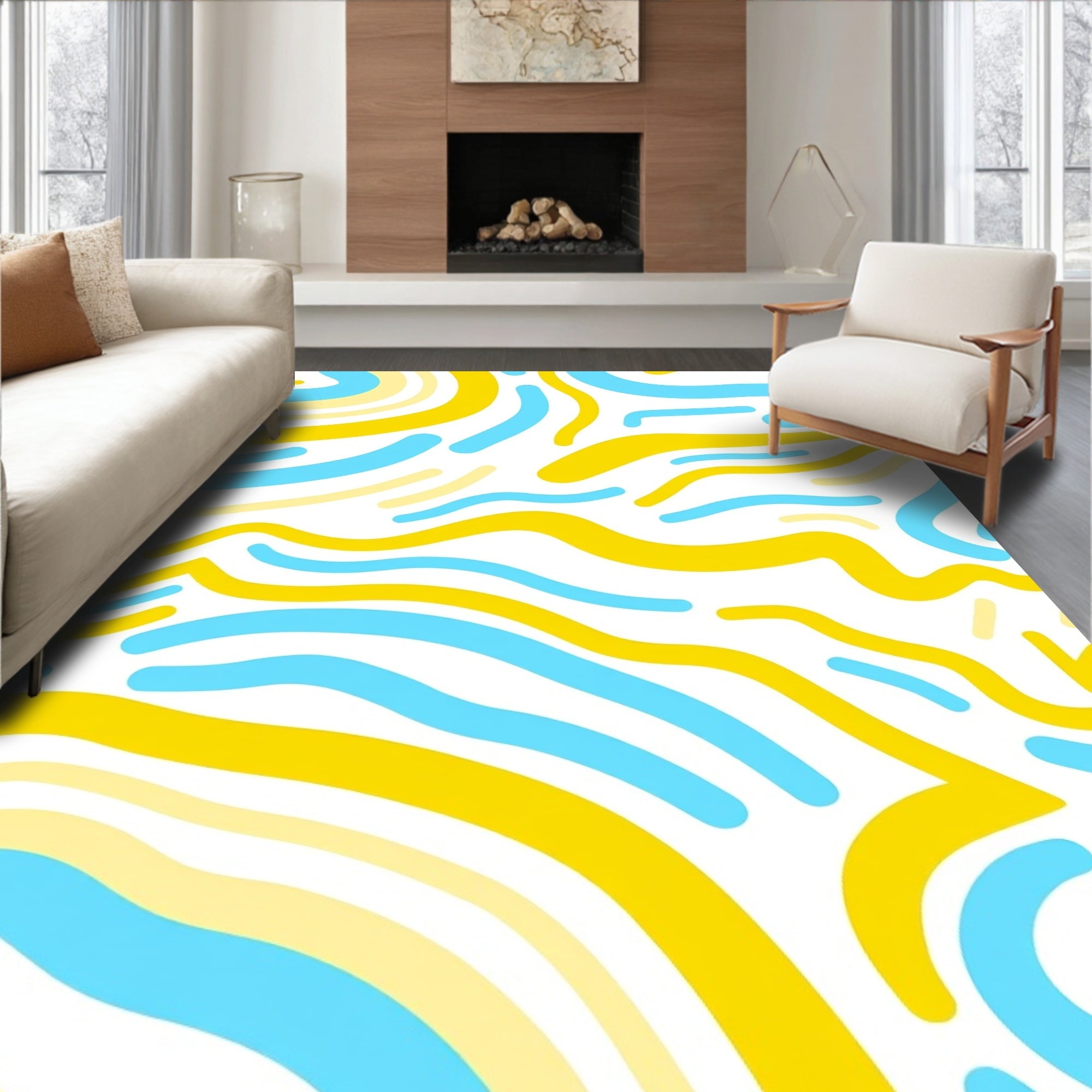 Abstract Yellow Blue Swirl Pattern Rug