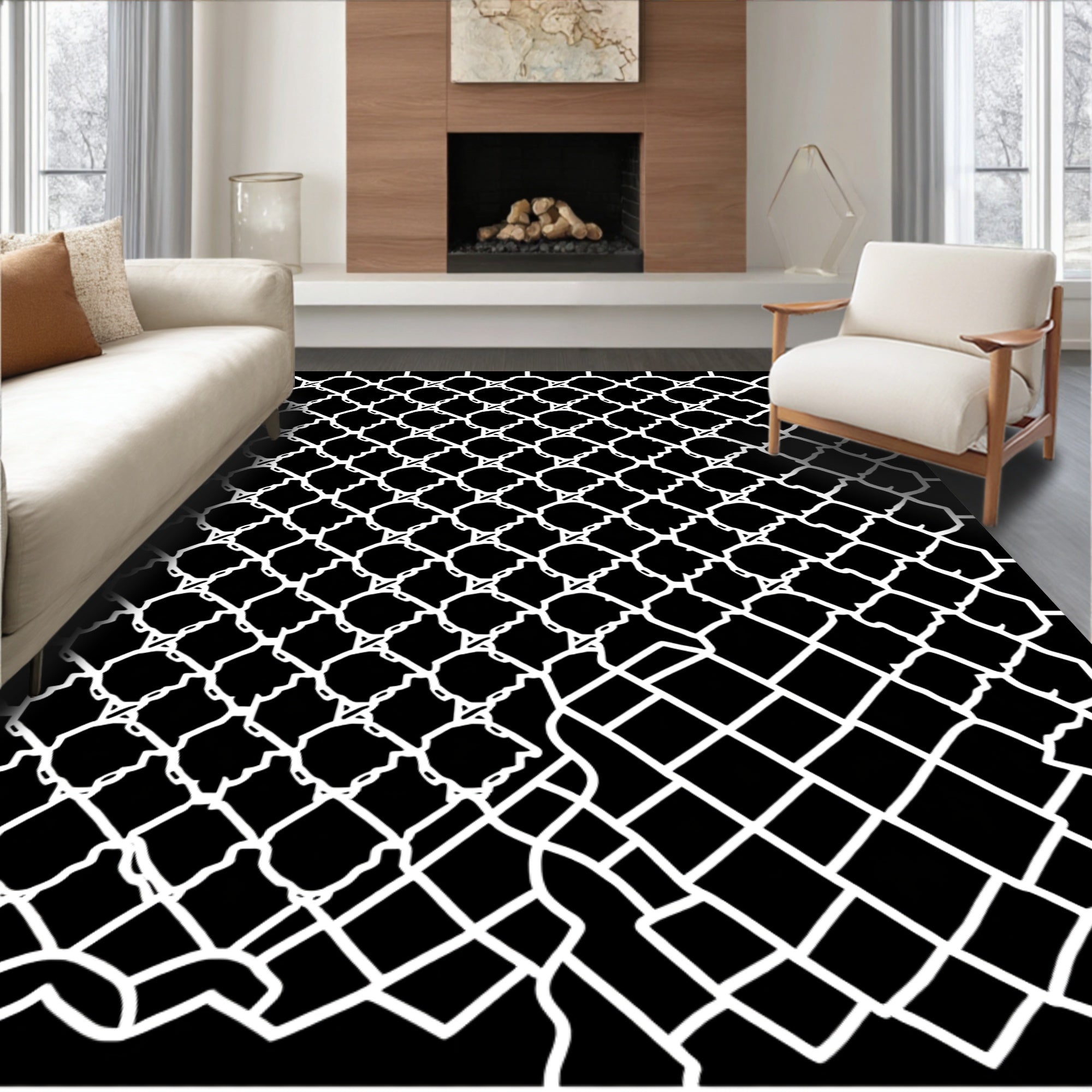 Black and White Abstract Mesh Pattern Rug