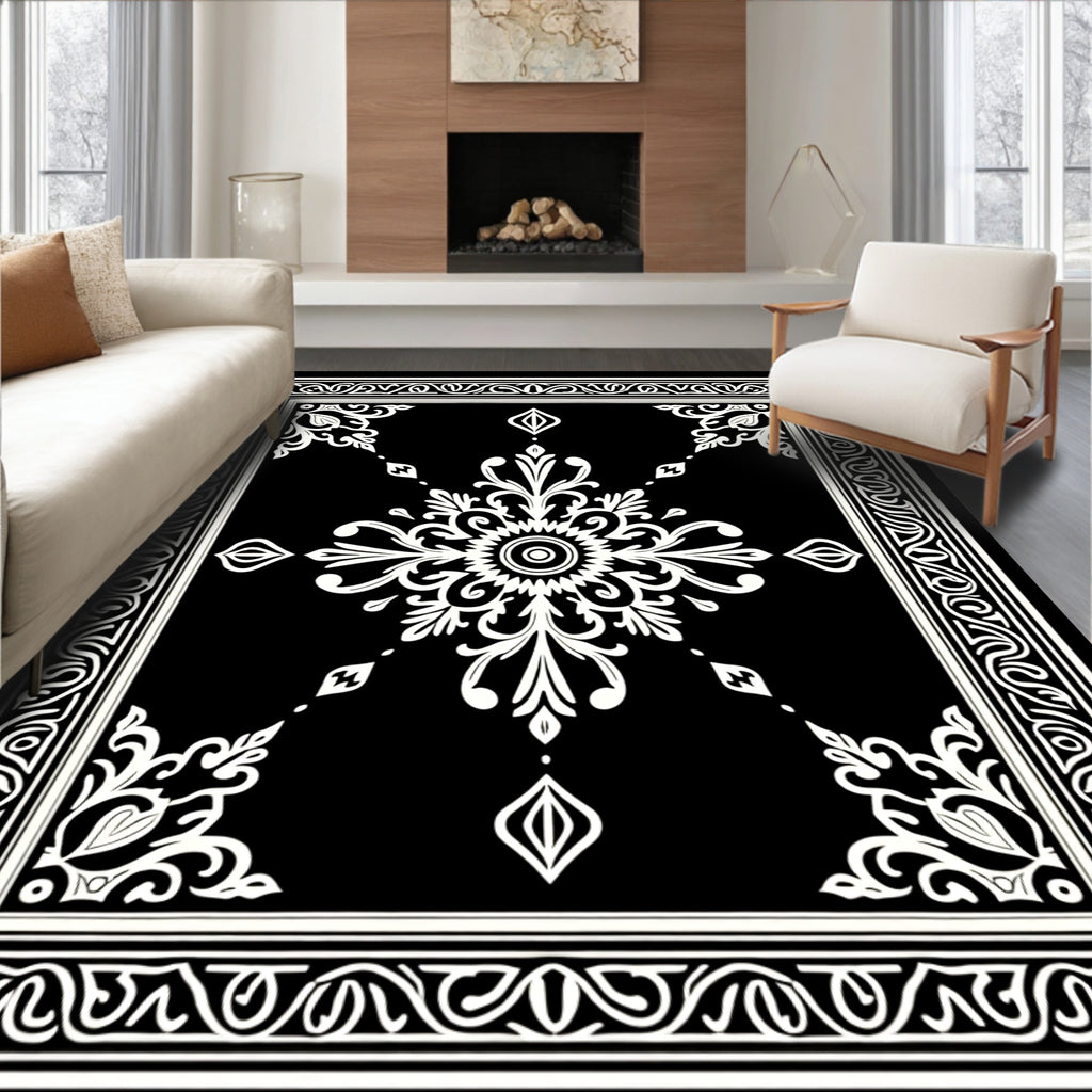 Black White Ornamental Floral Medallion Rug