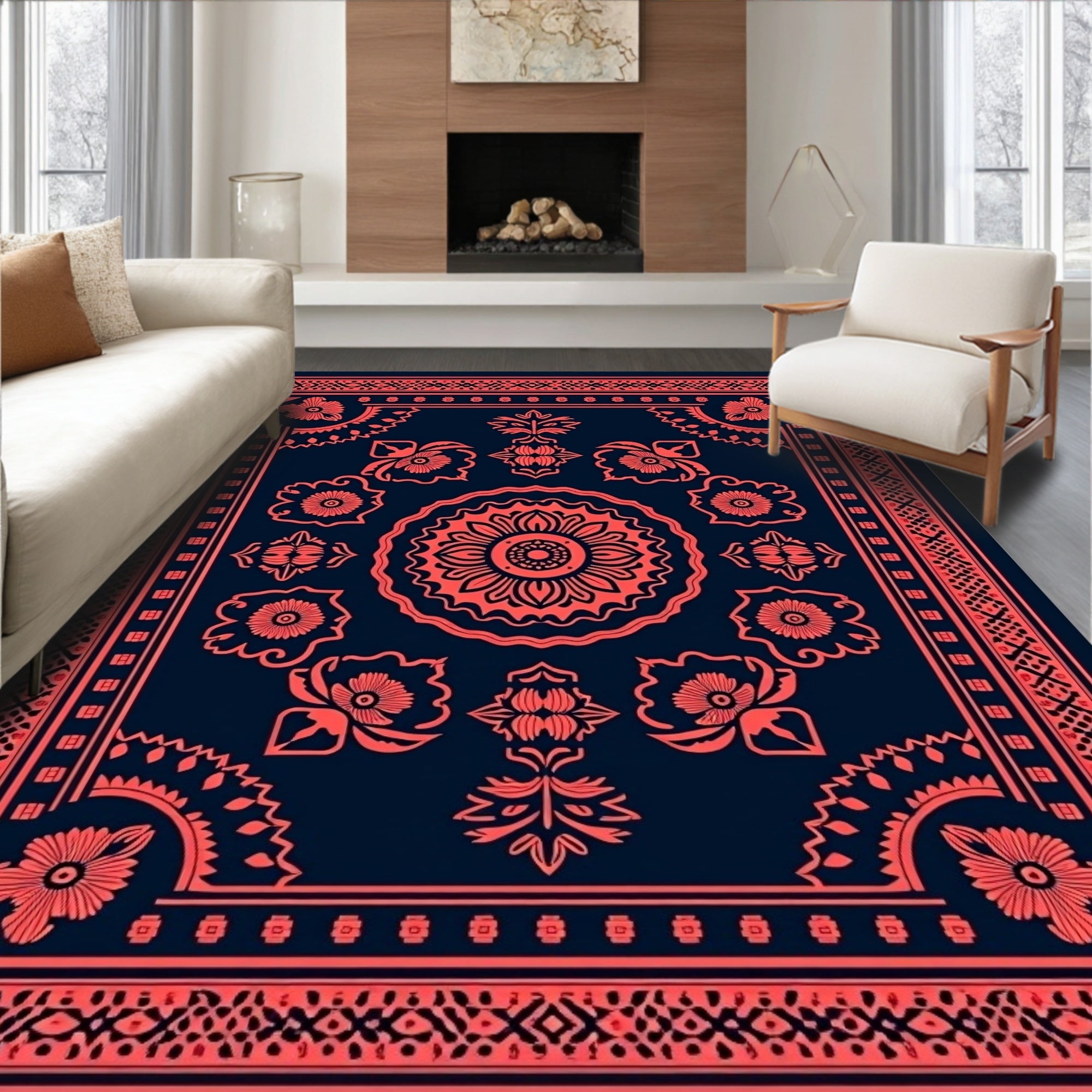 Coral Floral Mandala Pattern Rug