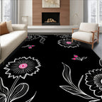 Black White Floral Bloom Pattern Rug