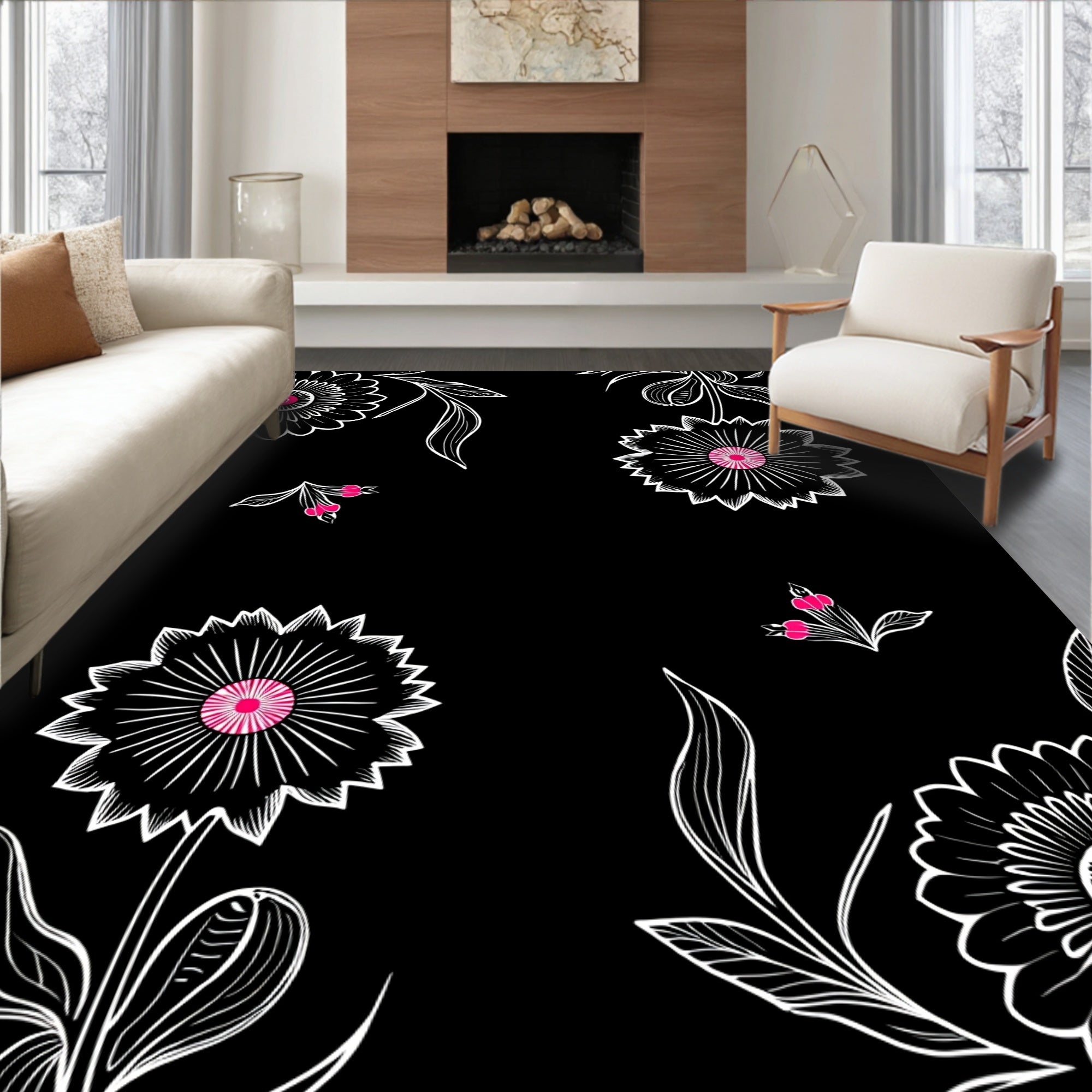 Black White Floral Bloom Pattern Rug