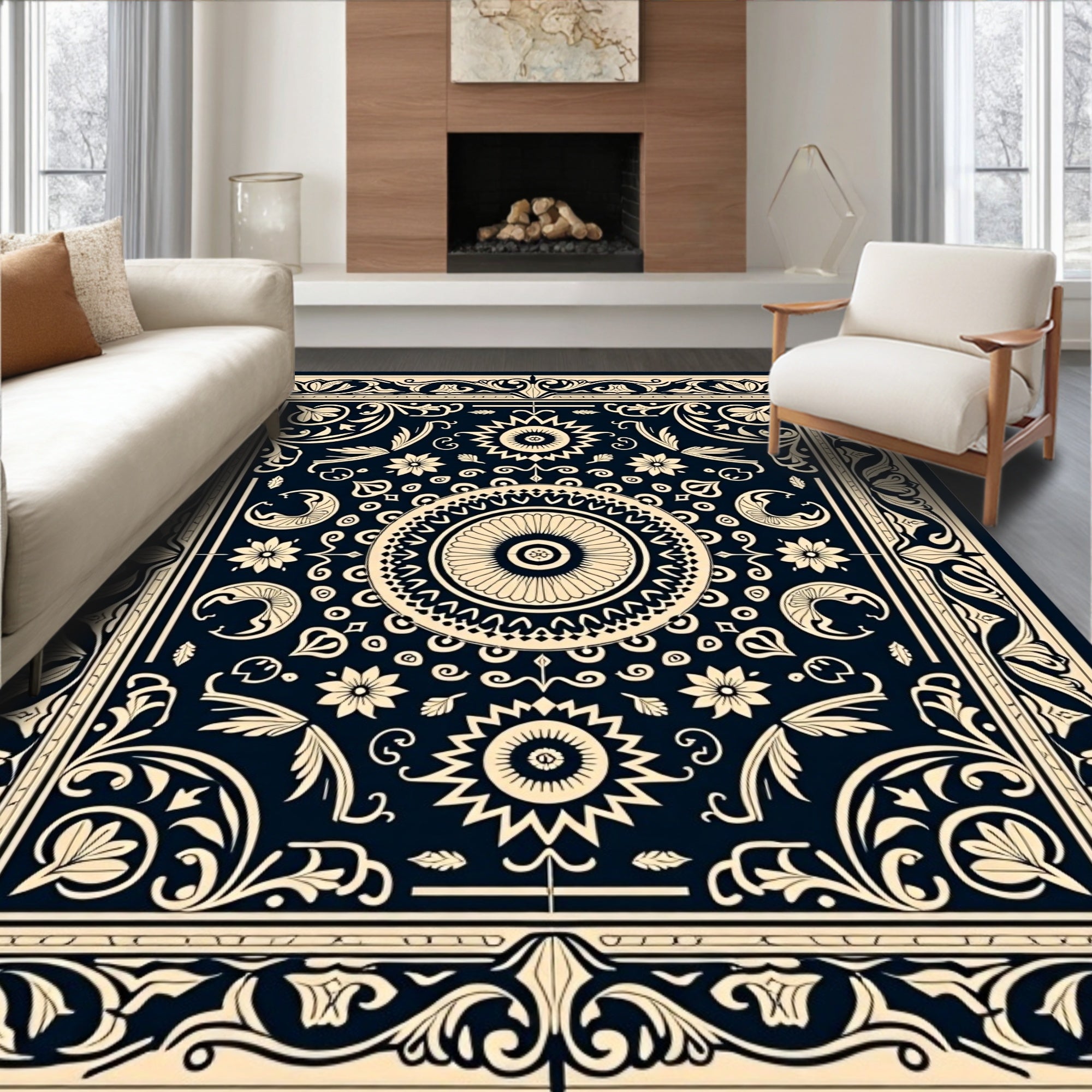 Elegant Dark Floral Scrollwork Rug