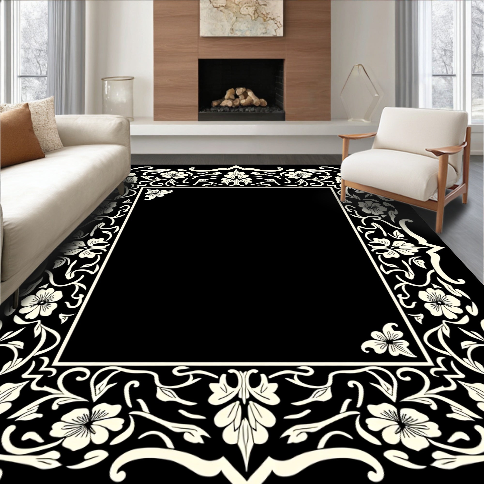 Ornate Floral Scrollwork Border Design Rug