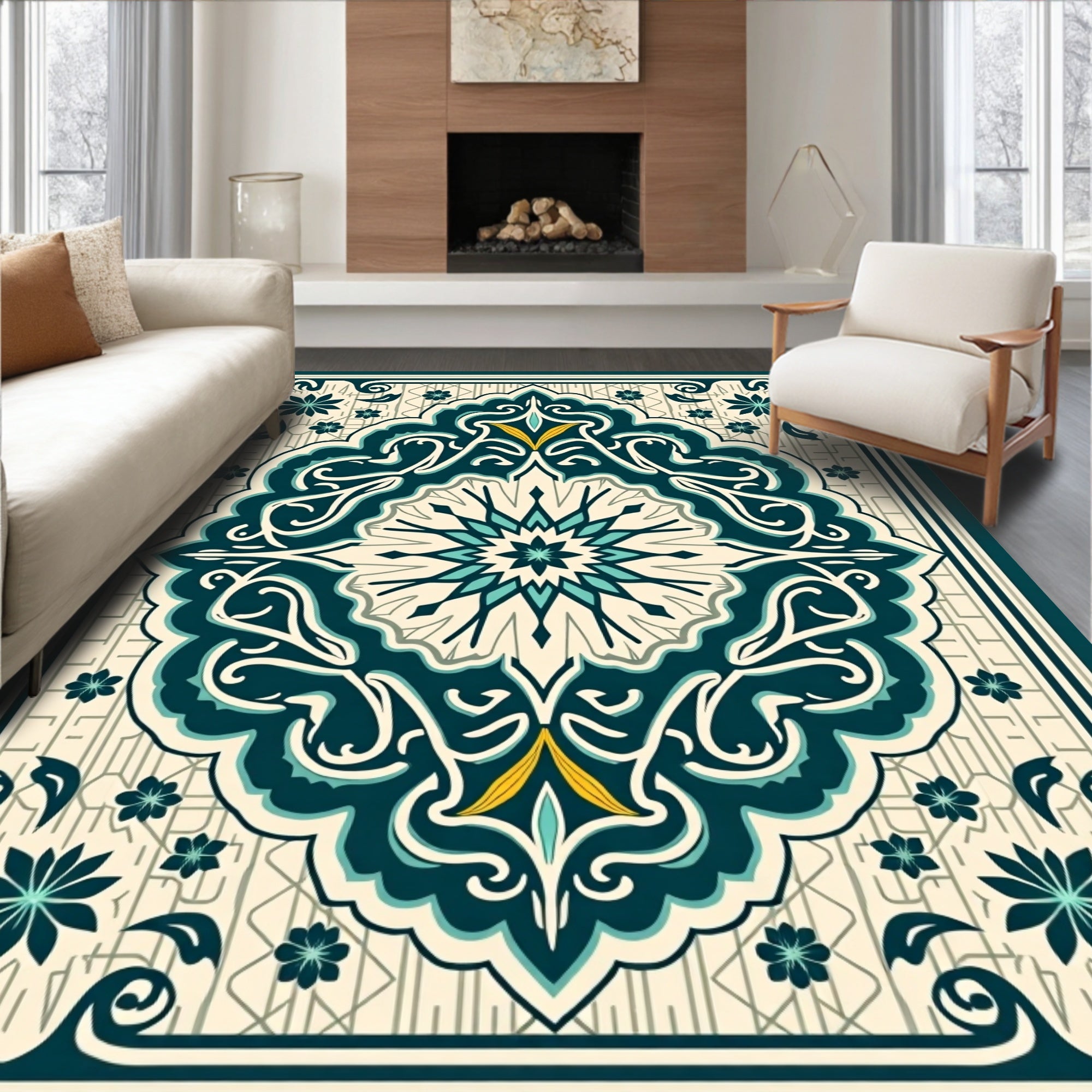 Intricate Teal Blossom Mandala Rug