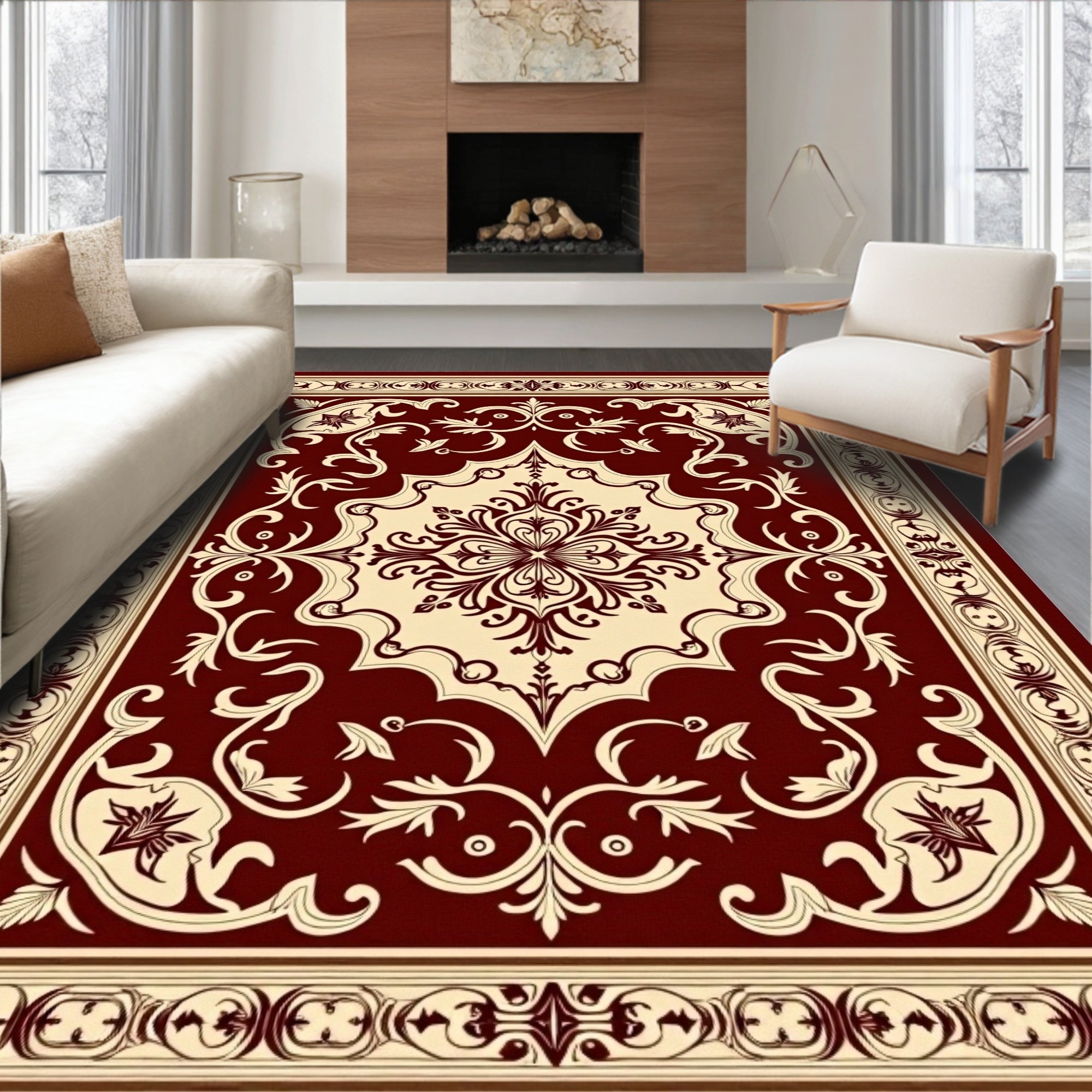 Classic Floral Damask Intricate Border Rug