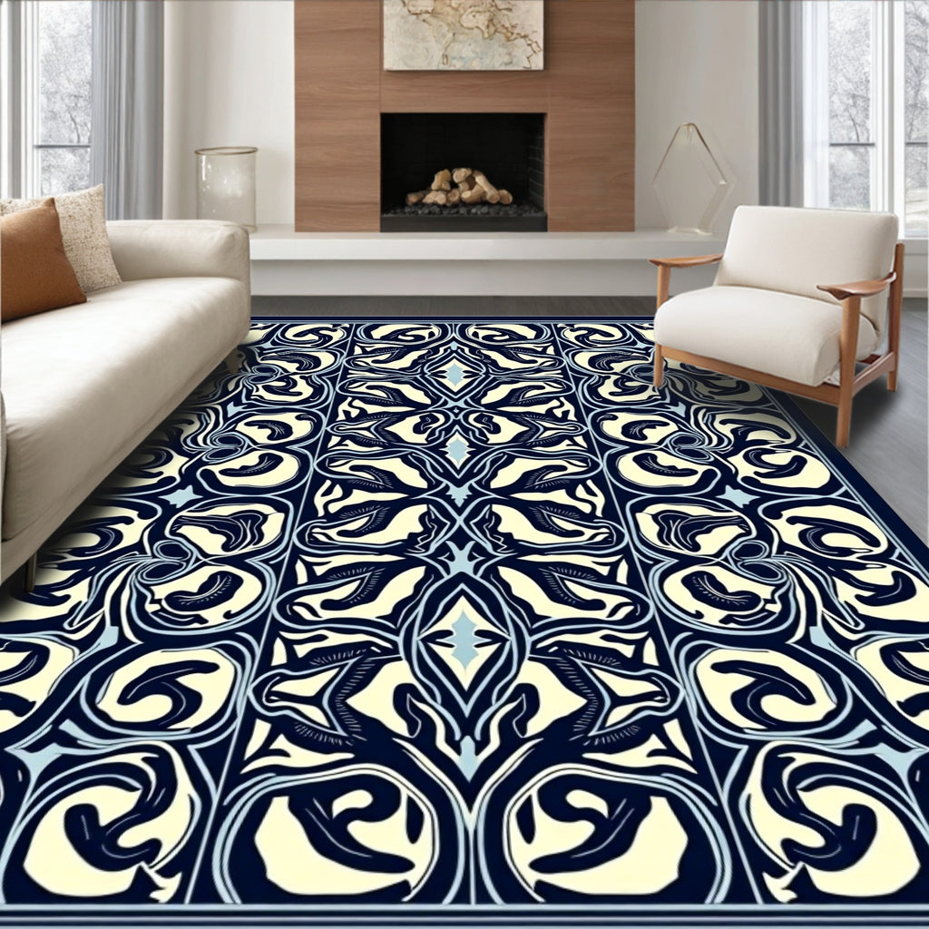 Symmetrical Ivory Blue Floral Pattern Rug