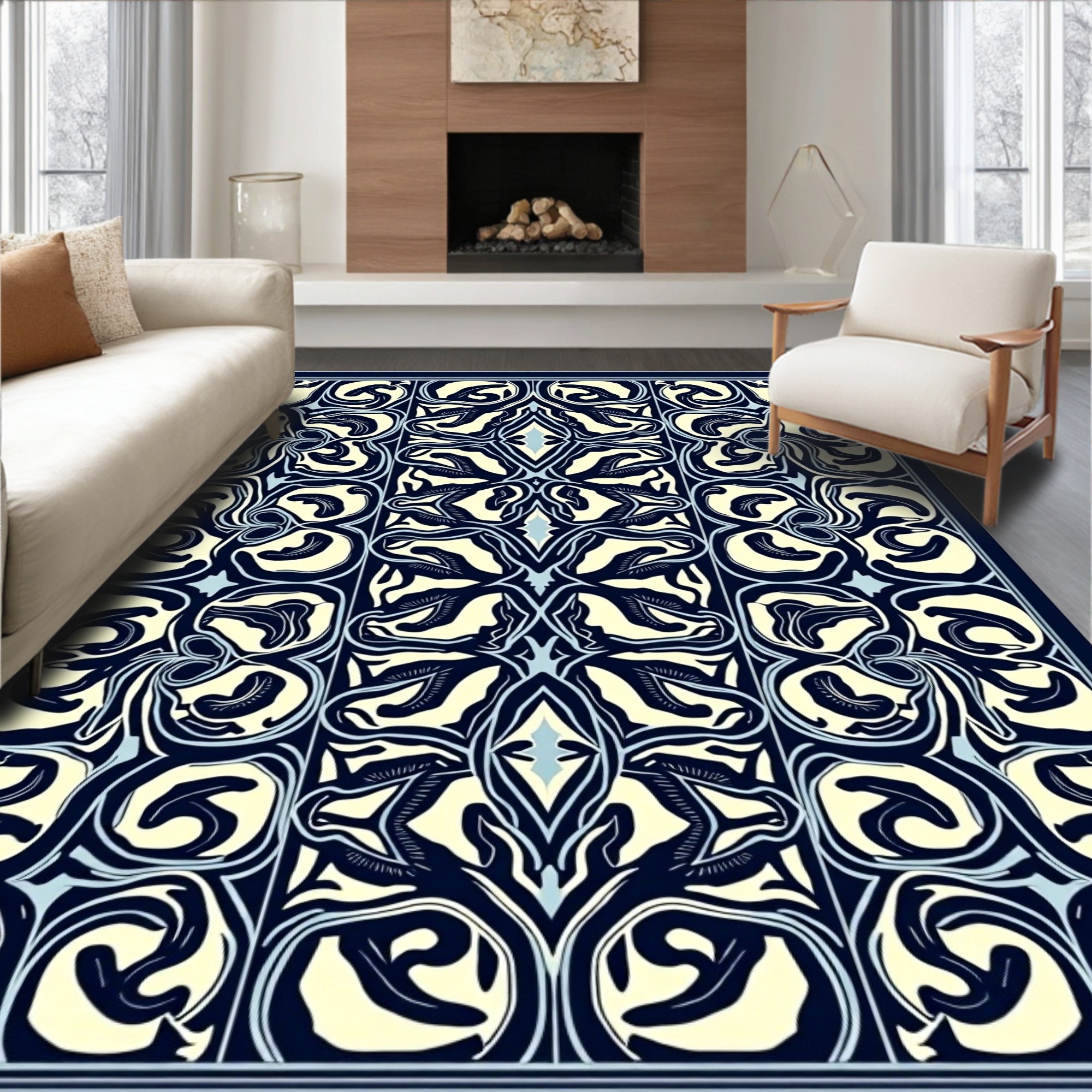 Symmetrical Ivory Blue Floral Pattern Rug