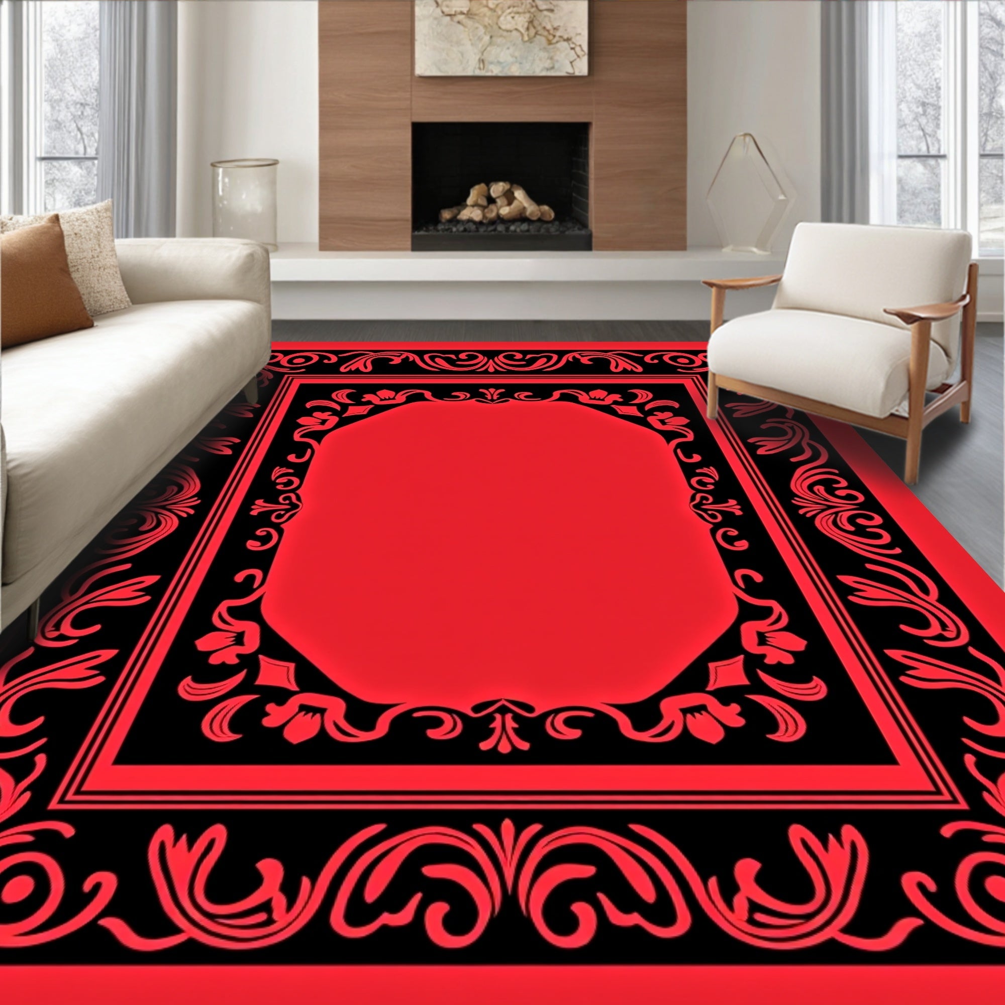 Ornate Red Black Floral Border Design Rug