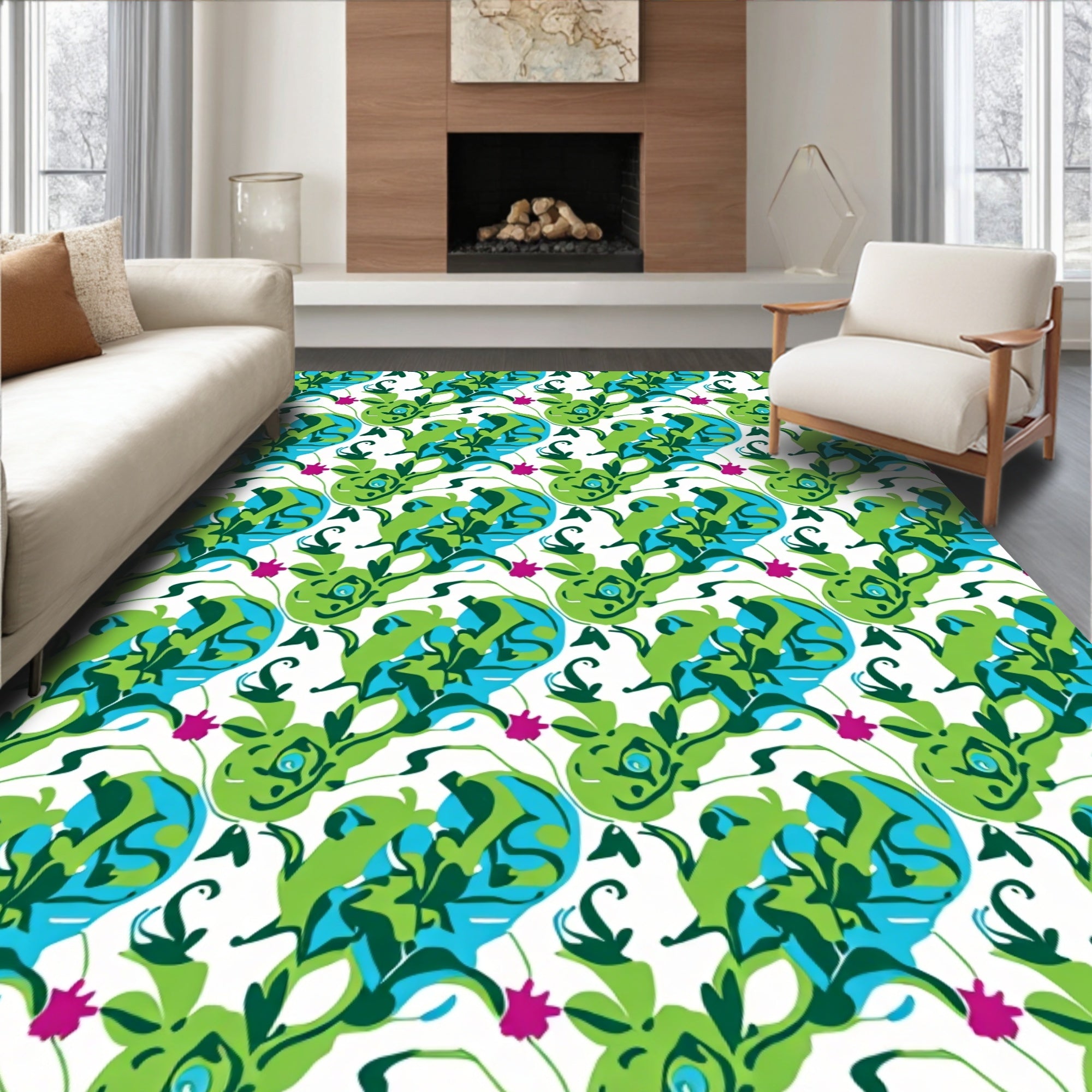 Green Blue Floral Abstract Design Rug