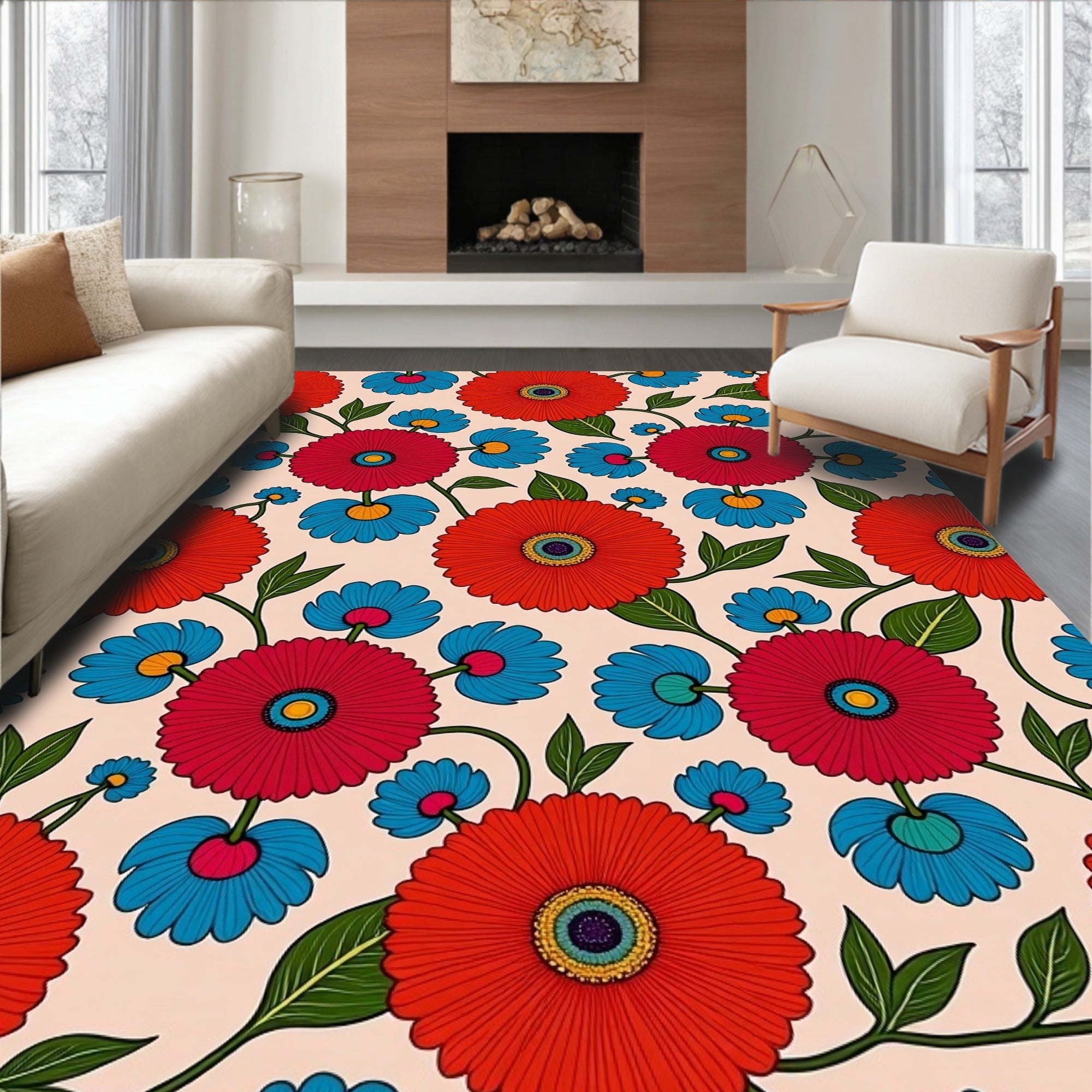 Retro Floral Bold Bloom Design Rug