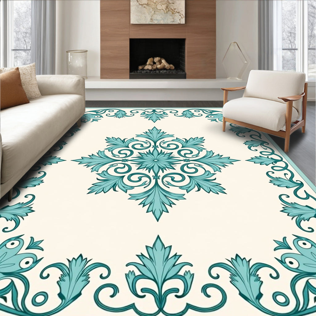 Teal Floral Swirl Detailed Pattern Rug