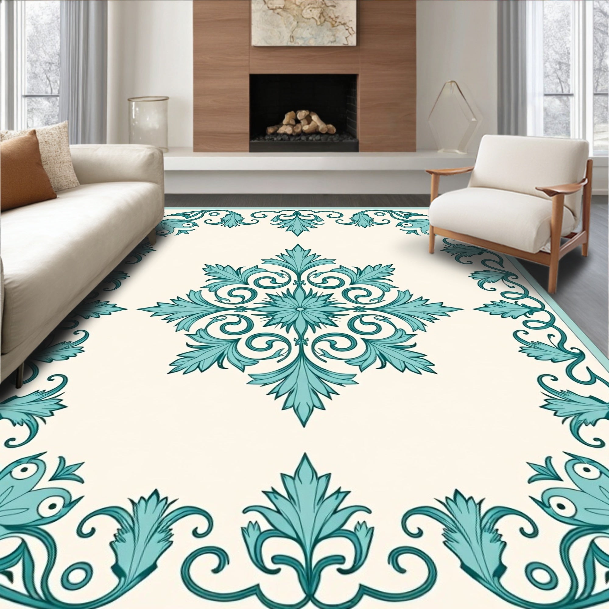 Teal Floral Swirl Detailed Pattern Rug