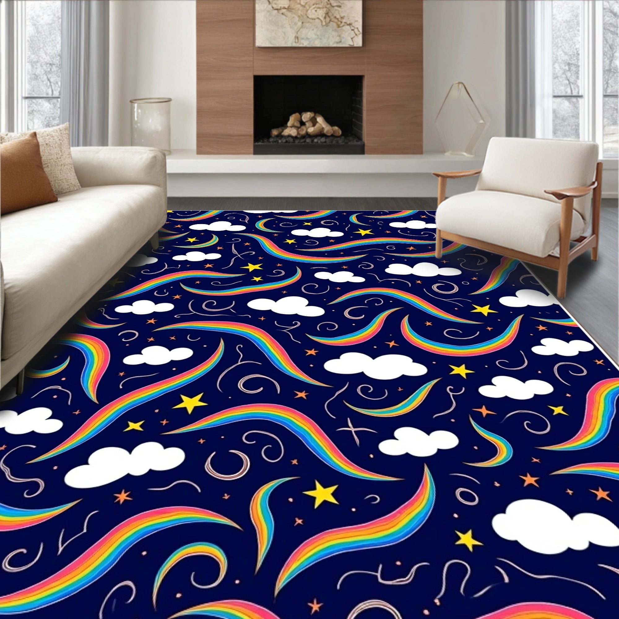 Playful Rainbow Cloud Star Pattern Rug