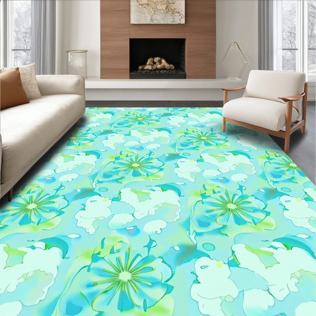 Aqua Teal Floral Abstract Render Rug