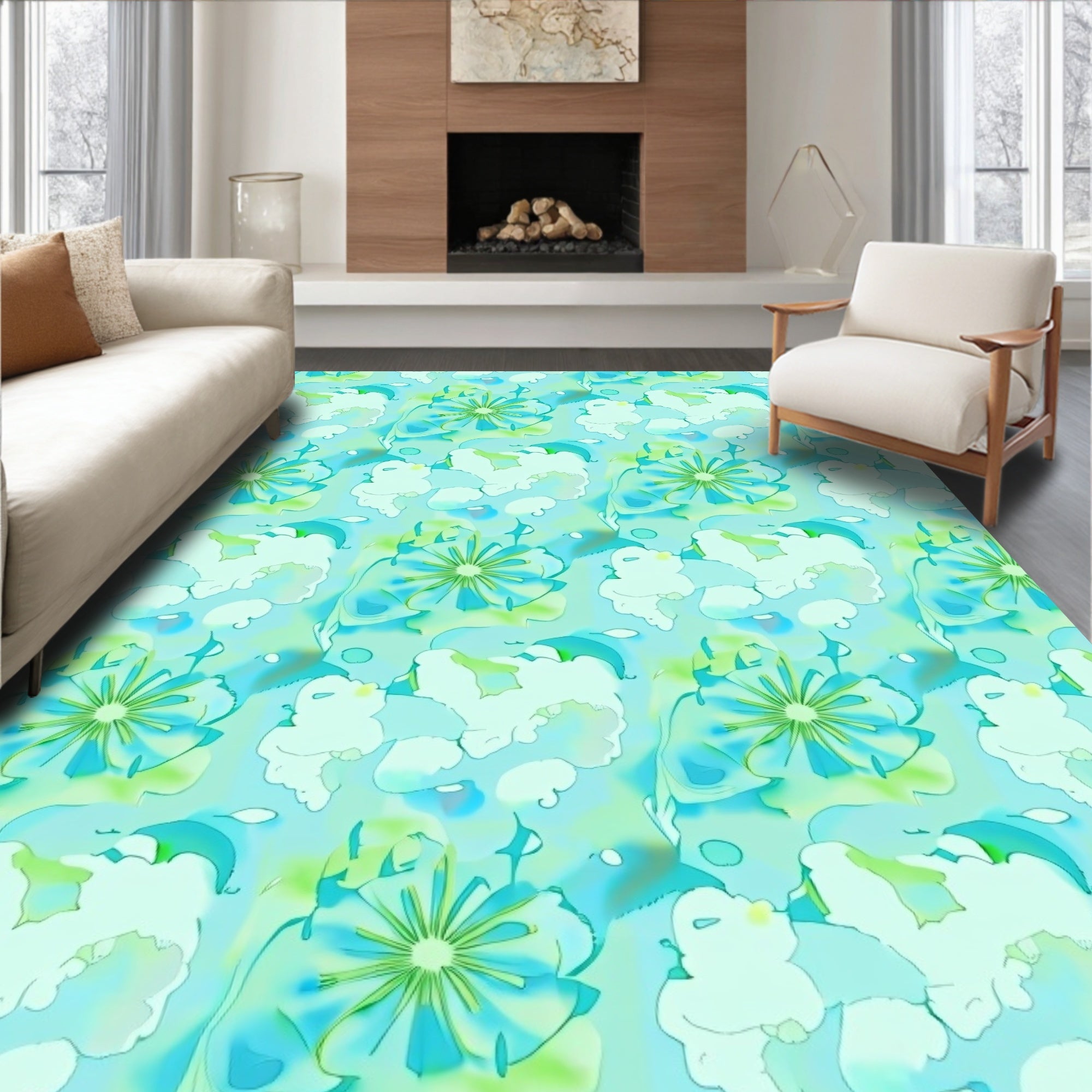 Aqua Teal Floral Abstract Render Rug