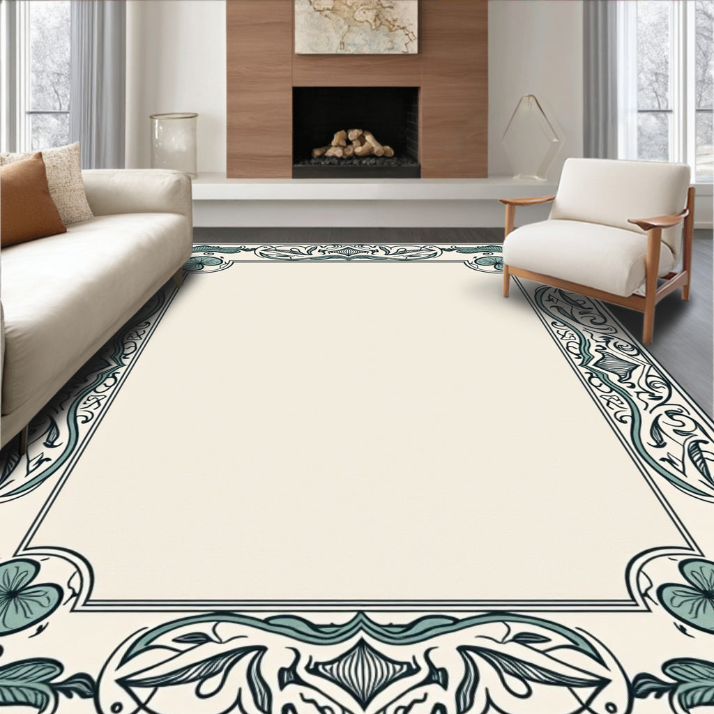 Vintage Teal Floral Border Design Rug