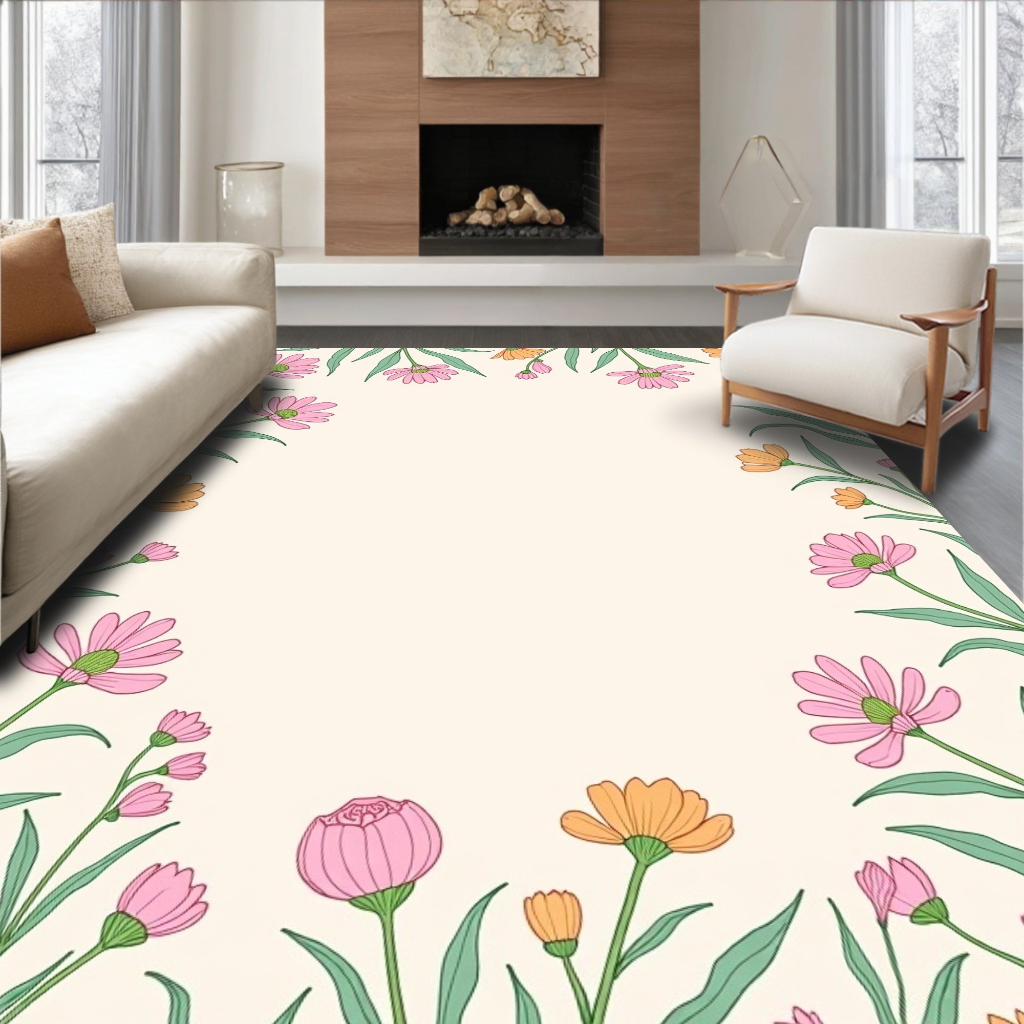 Pastel Floral Meadow Design Rug