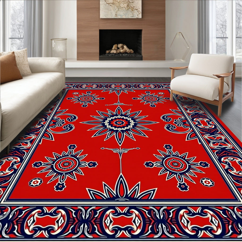 Red Sunburst Patterned Decorative Rug