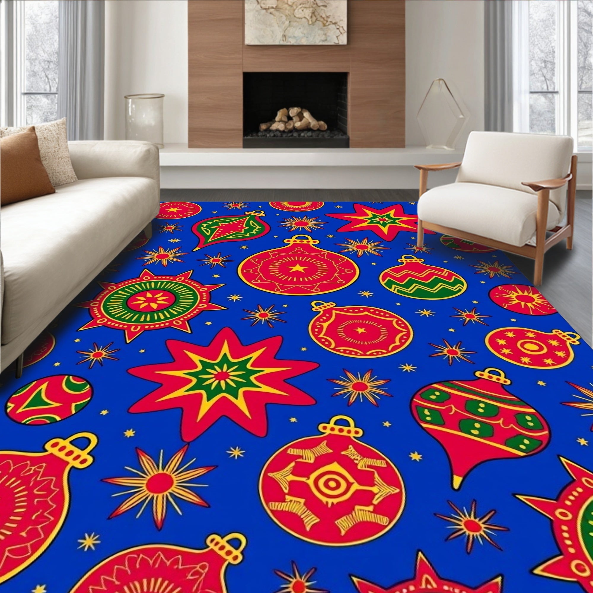 Festive Red Green Star Bauble Garland Rug