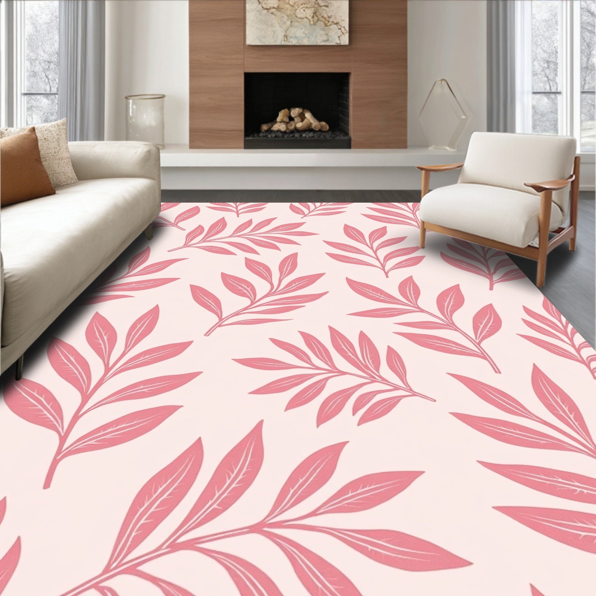 Pink Leaf Patterned Contemporary Rug