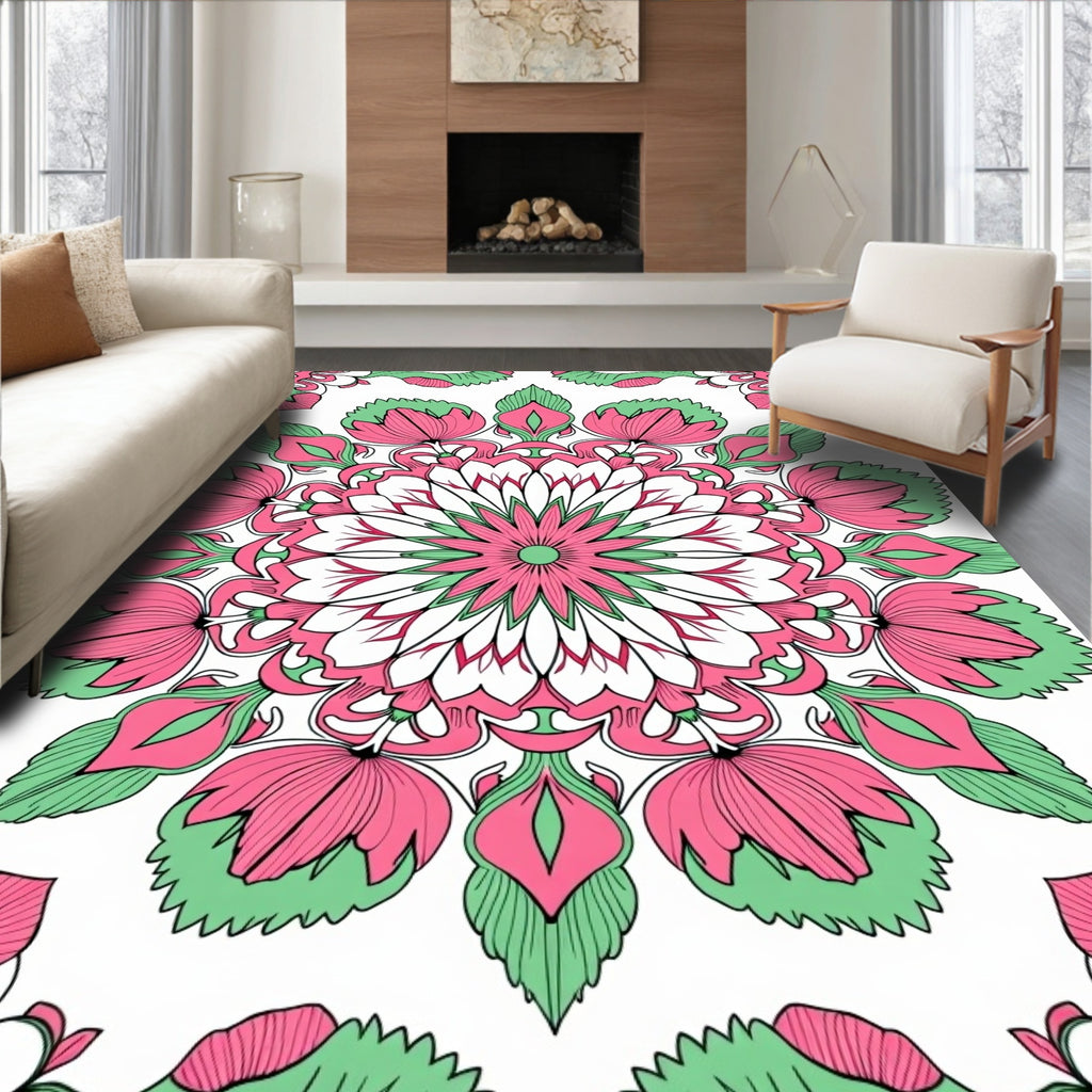 Pink Green Floral Mandala Pattern Rug