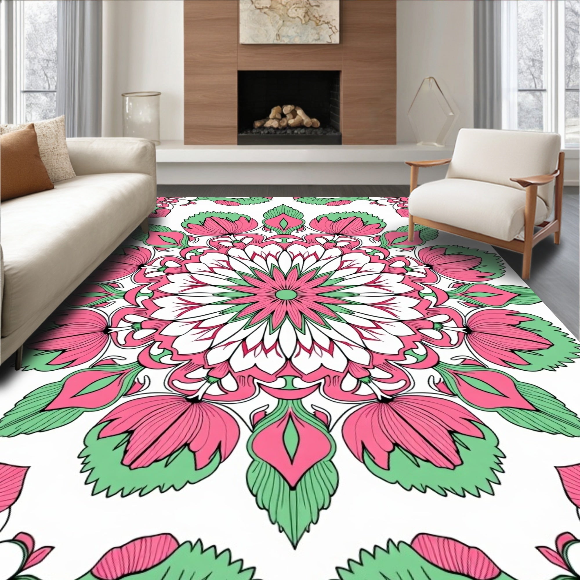 Pink Green Floral Mandala Pattern Rug