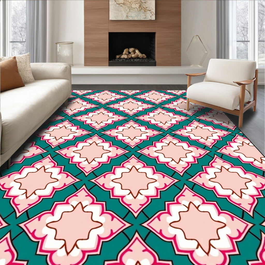 Teal Pink Ornate Diamond Pattern Rug