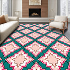 Teal Pink Ornate Diamond Pattern Rug