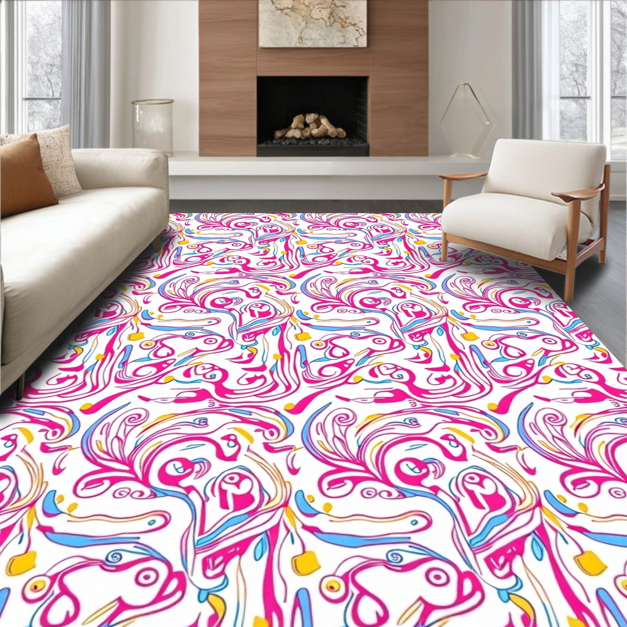 Abstract Swirl Pink Blue Yellow Pattern Rug