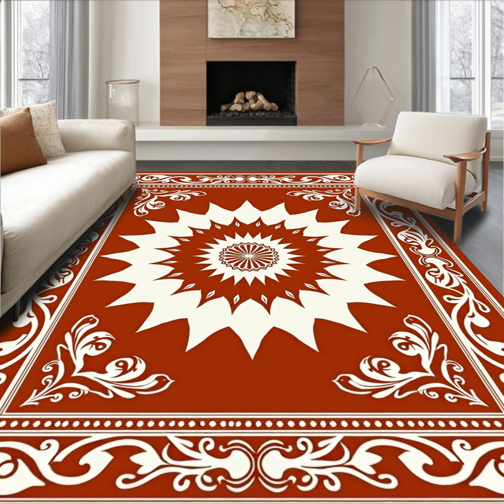 Central Sunburst Floral Border Design Rug