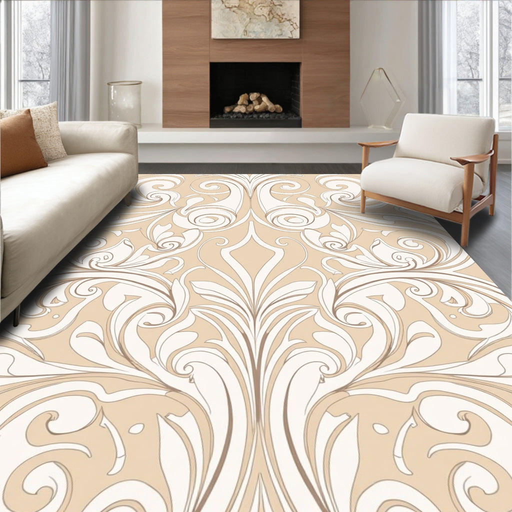 Ornate Beige Swirl Floral Pattern Rug