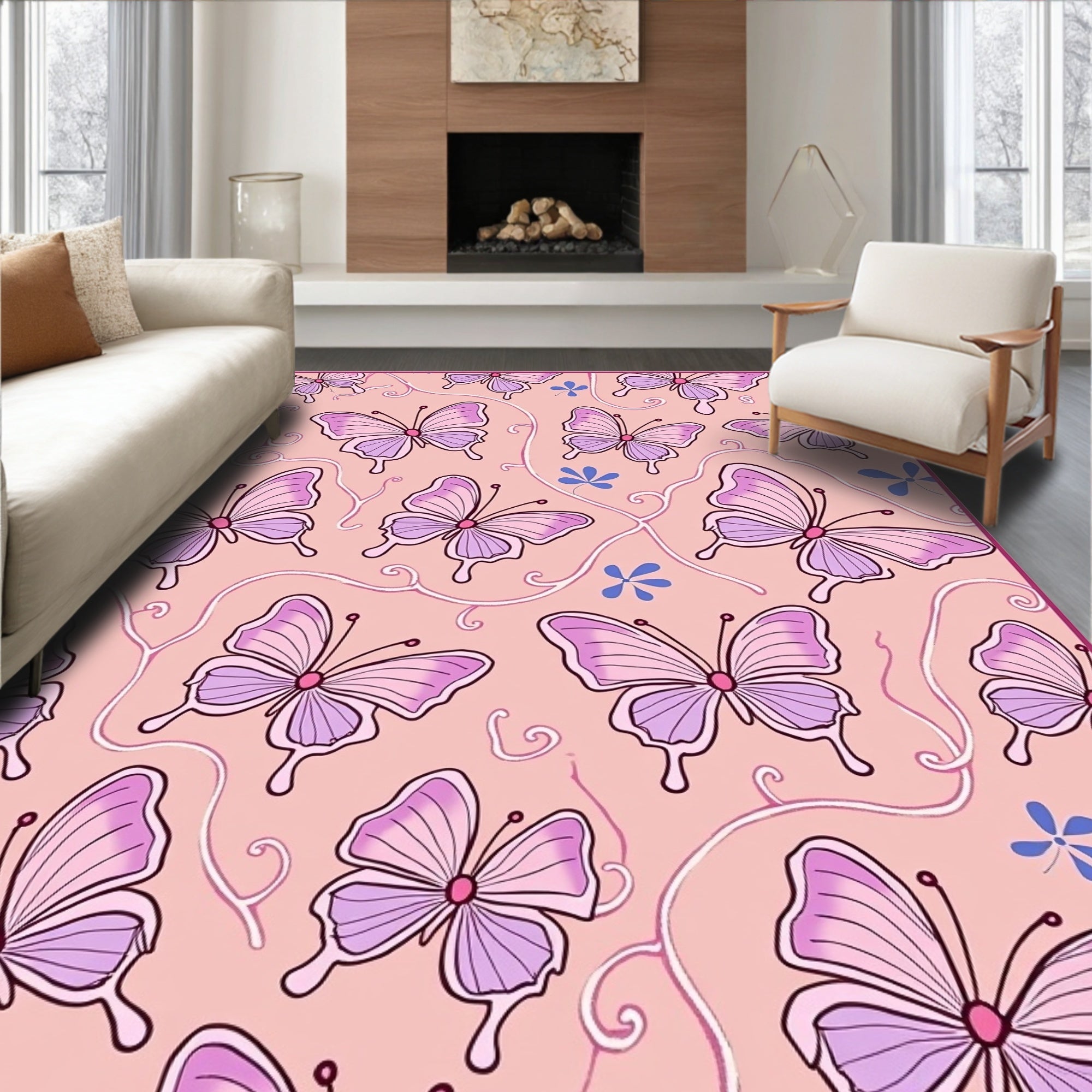 Pretty Pink Butterfly Pattern Rug