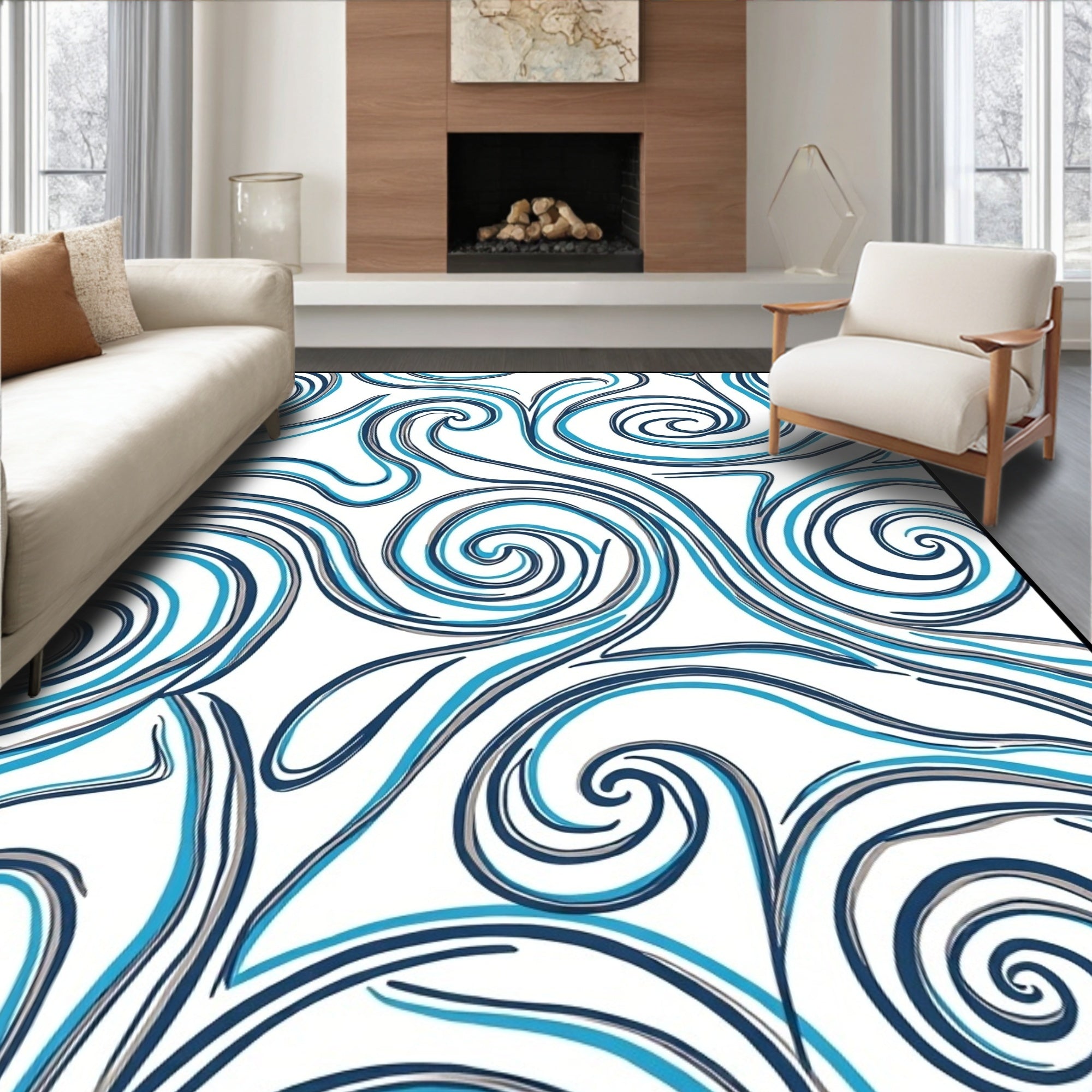 Bold Blue Swirl Wave Pattern Rug