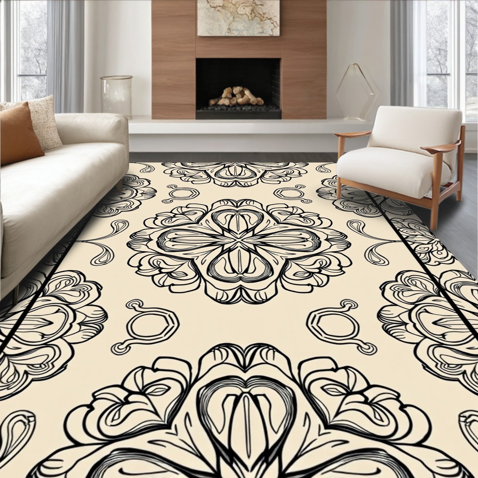 Classic Floral Mandala Black and Tan Design Rug