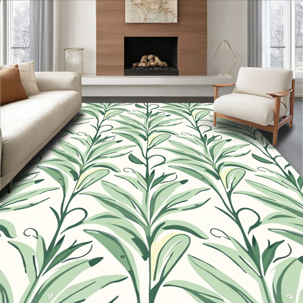 Vertical Green Leaf Botanical Pattern Rug