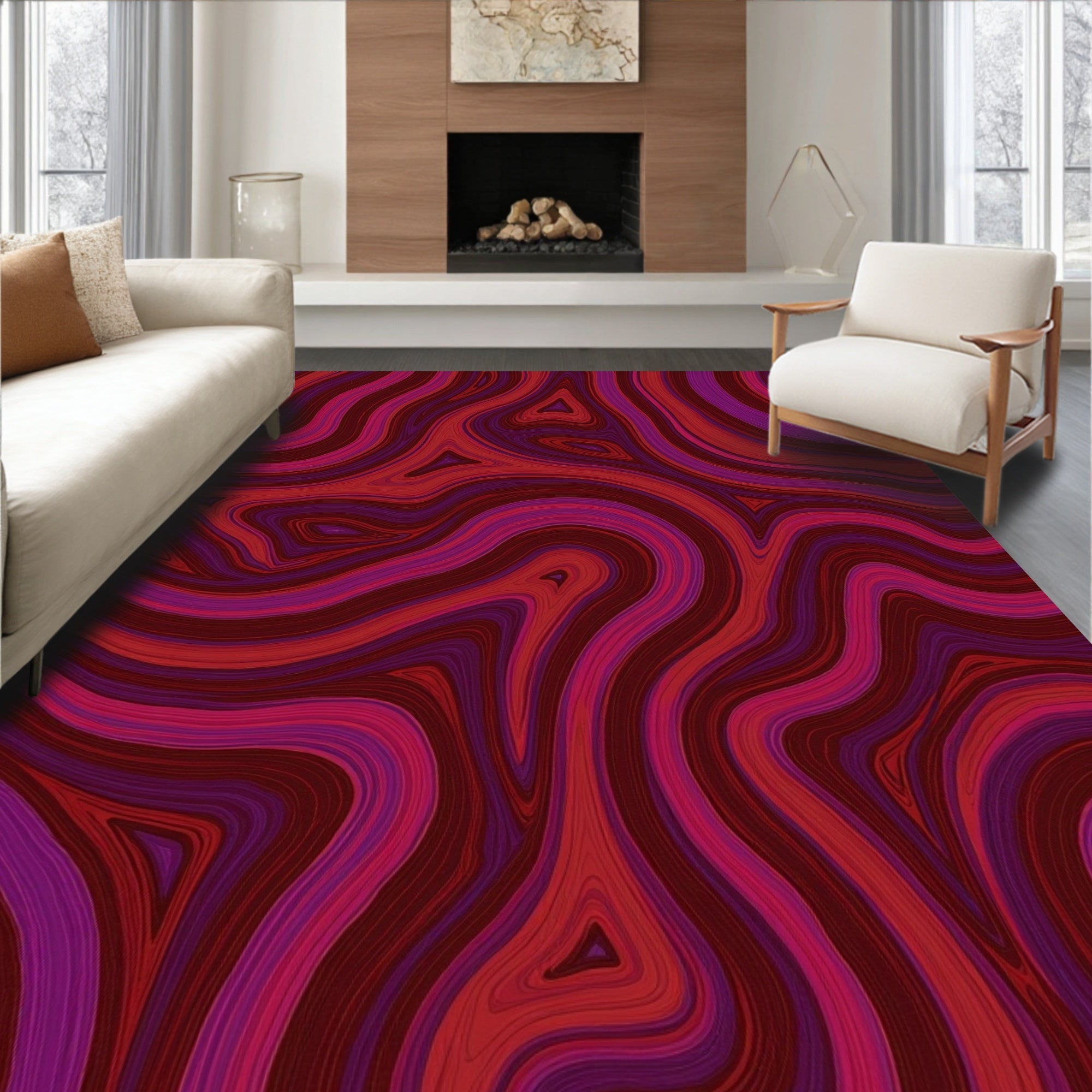 Crimson Jagged Swirl Pattern Rug