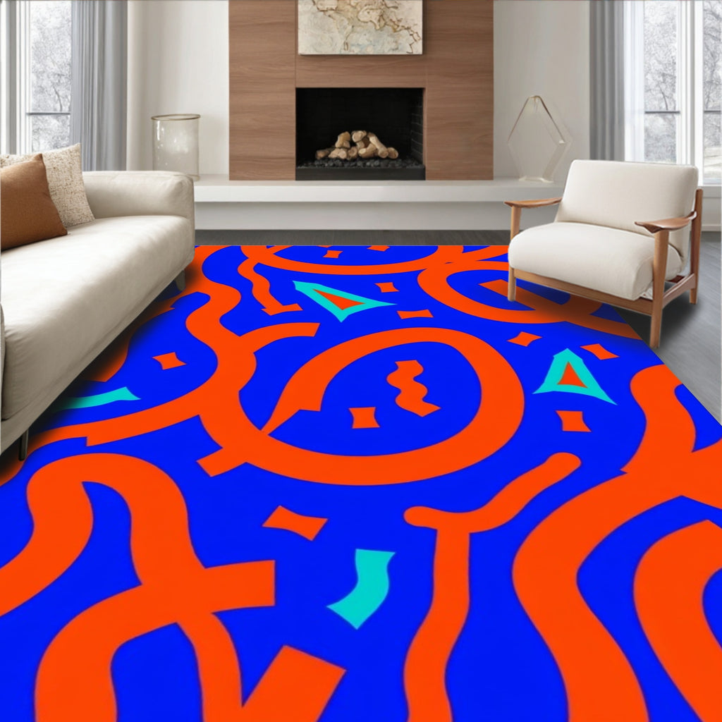 Vibrant Orange Blue Abstract Shapes Rug