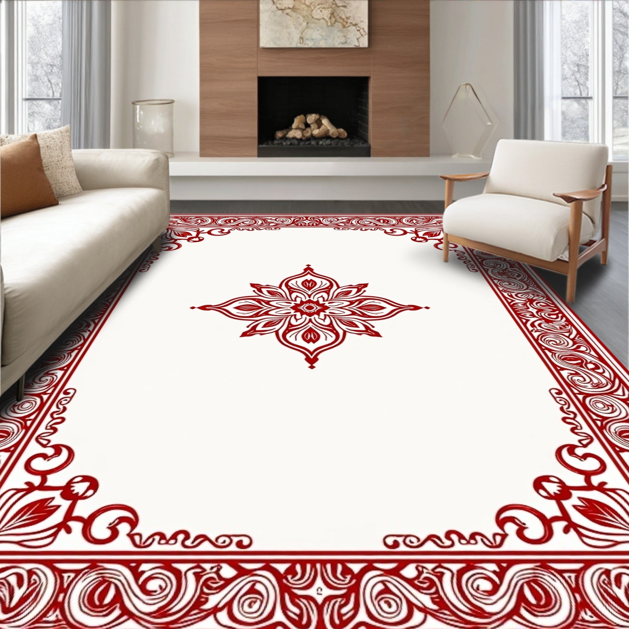 Elegant Red Floral Scrollwork Pattern Rug